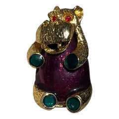 Vintage Purple Enamel Hippopotamus Signed Figurative Golden Statement Brooch Pin