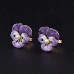 Vintage Purple Enamel Pansy Earrings of 14k Gold