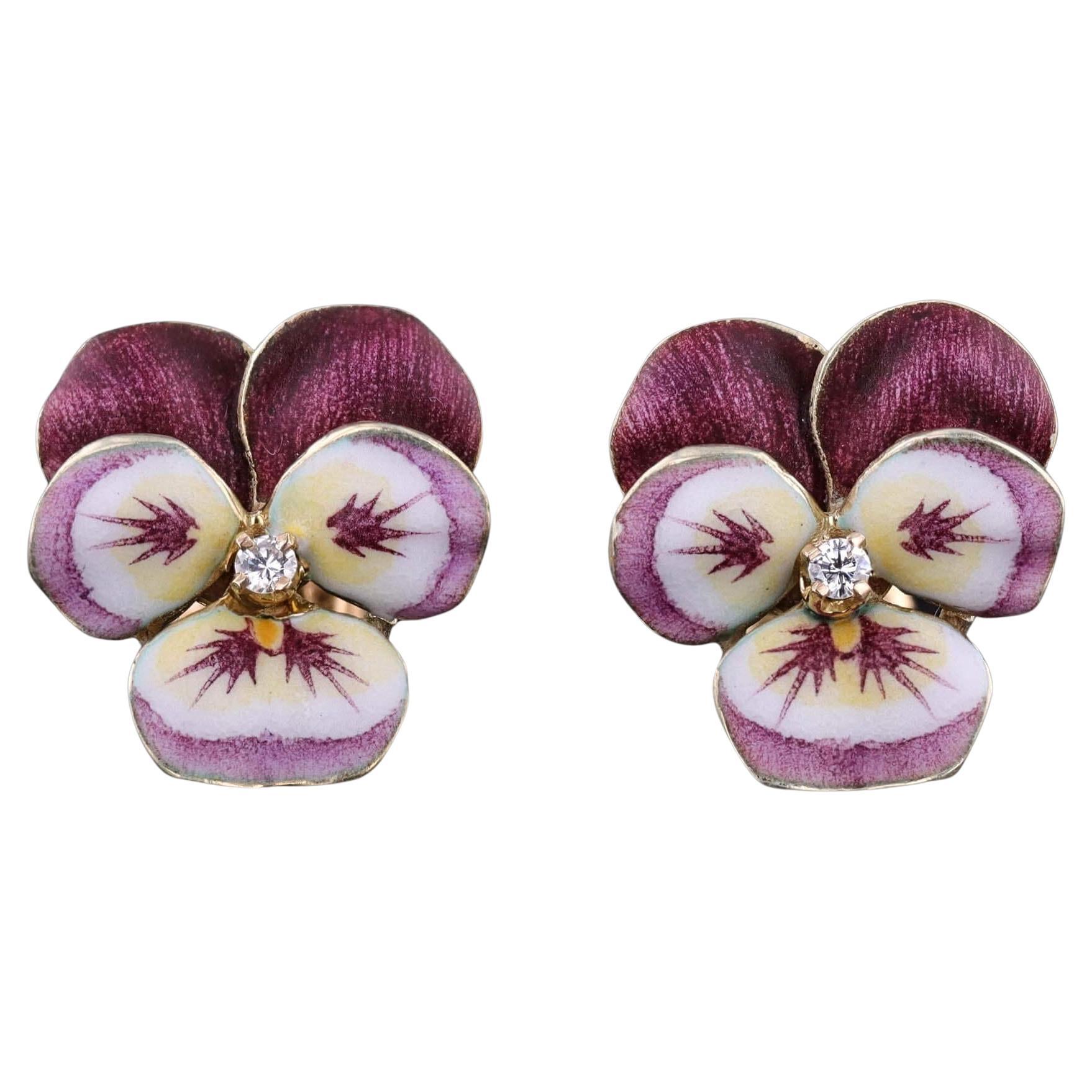 Orecchini a forma di viola smaltato d
epoca in oro 14k