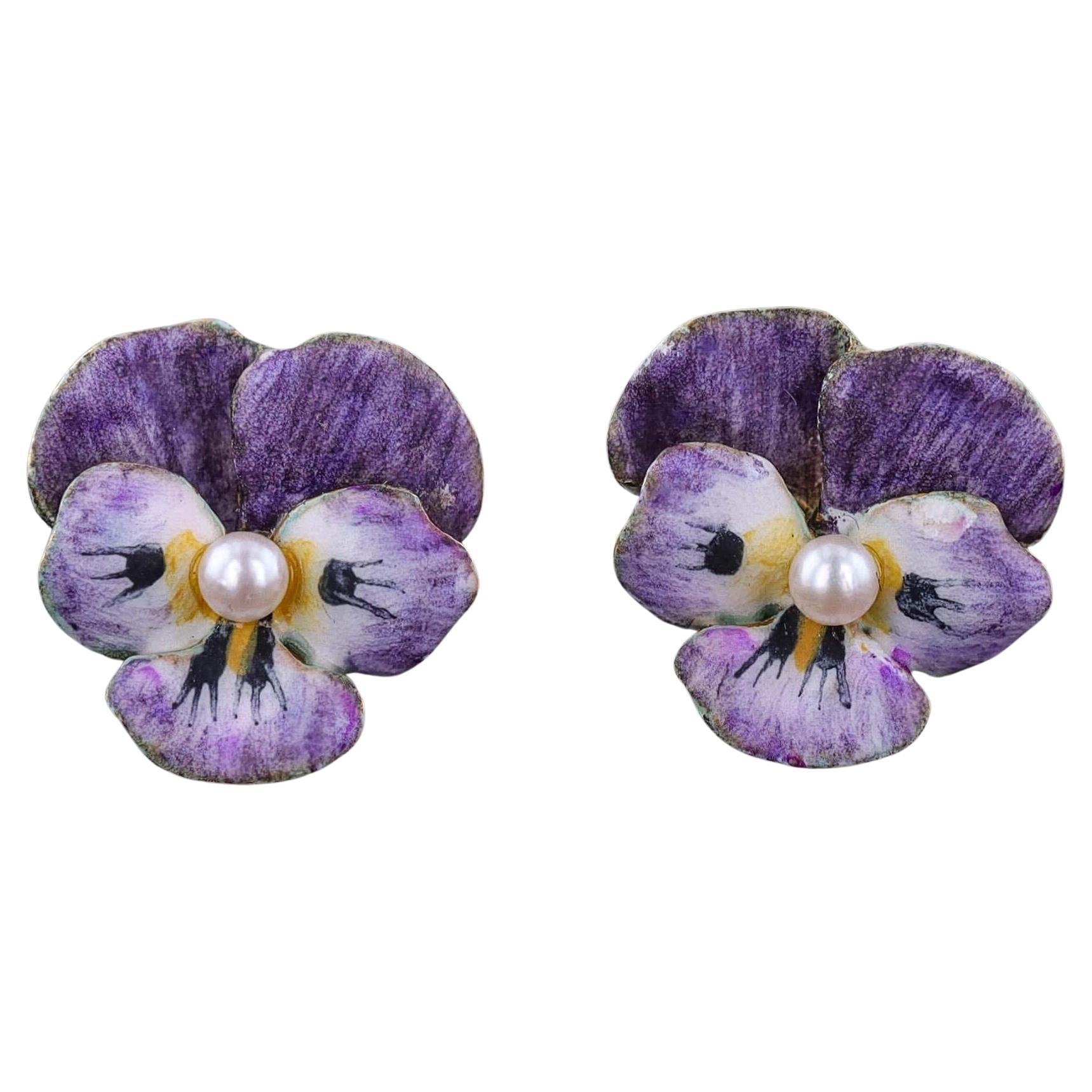 Orecchini a forma di viola smaltato d
epoca in oro 14k