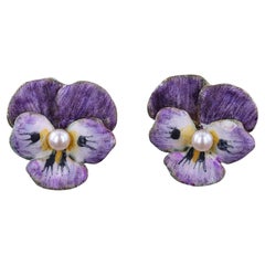 Orecchini a forma di viola smaltato d
epoca in oro 14k