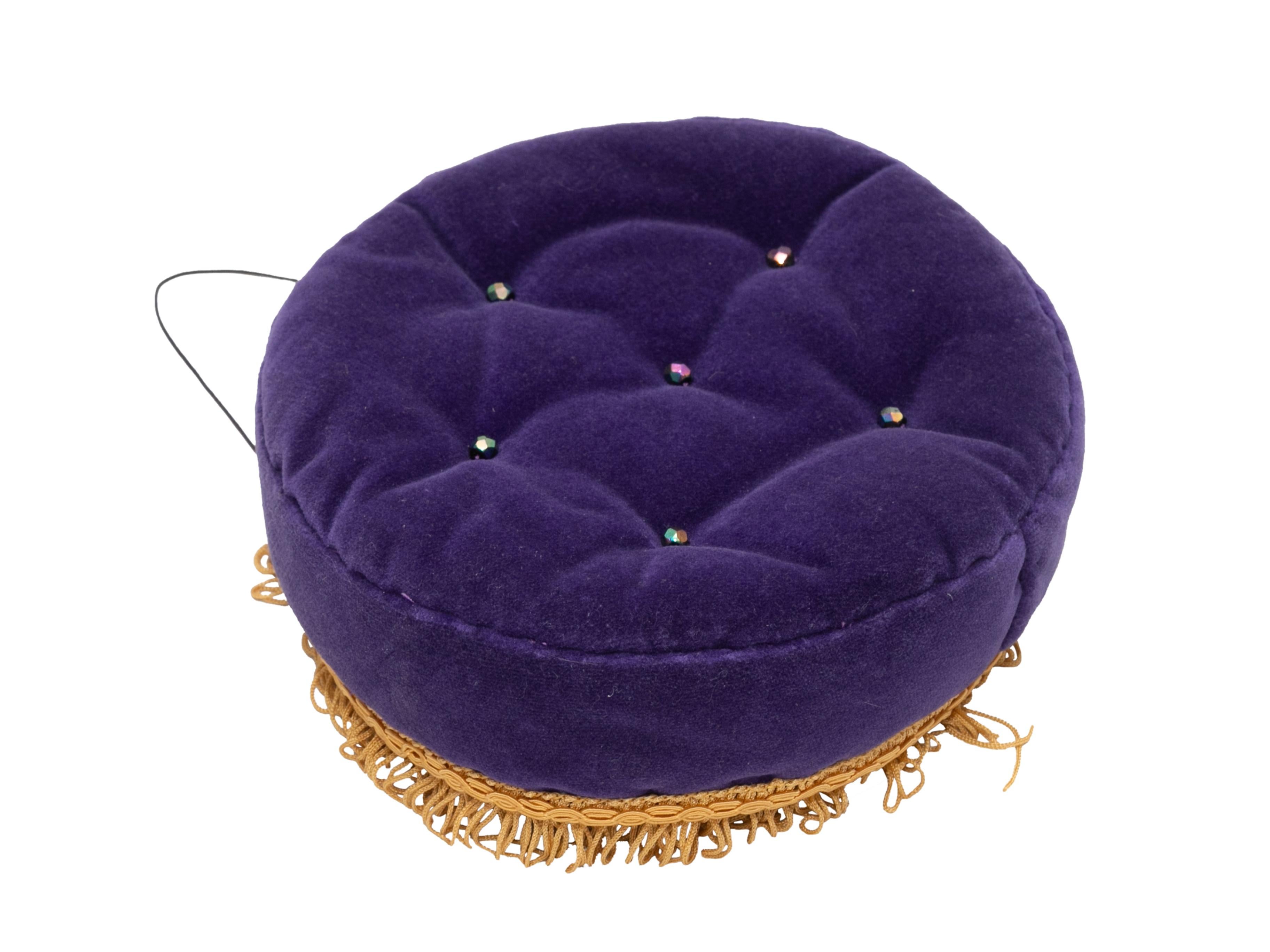 Vintage purple and gold cushion hat by Karl Lagerfeld. Circa 1985. Fringe trim at edge. 3