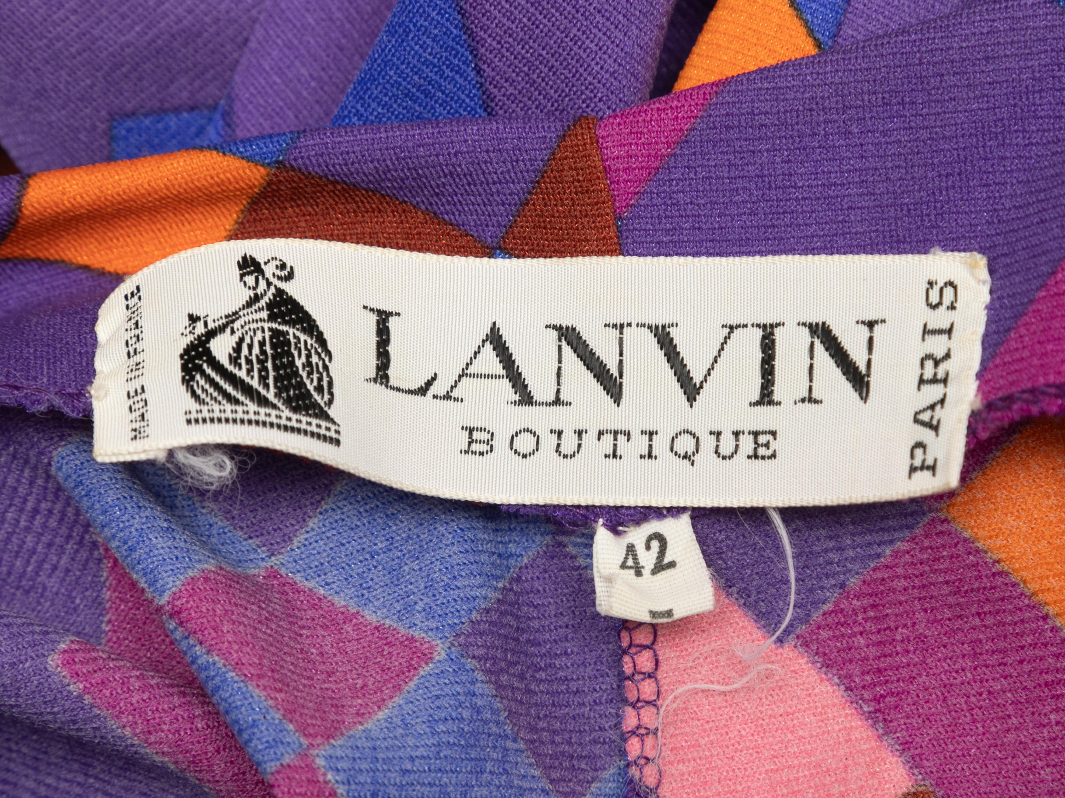 Vintage purple and multicolor geometric print sleeveless maxi dress by Lanvin. Crew neck. Optional waist tie. Button closures at front. 38