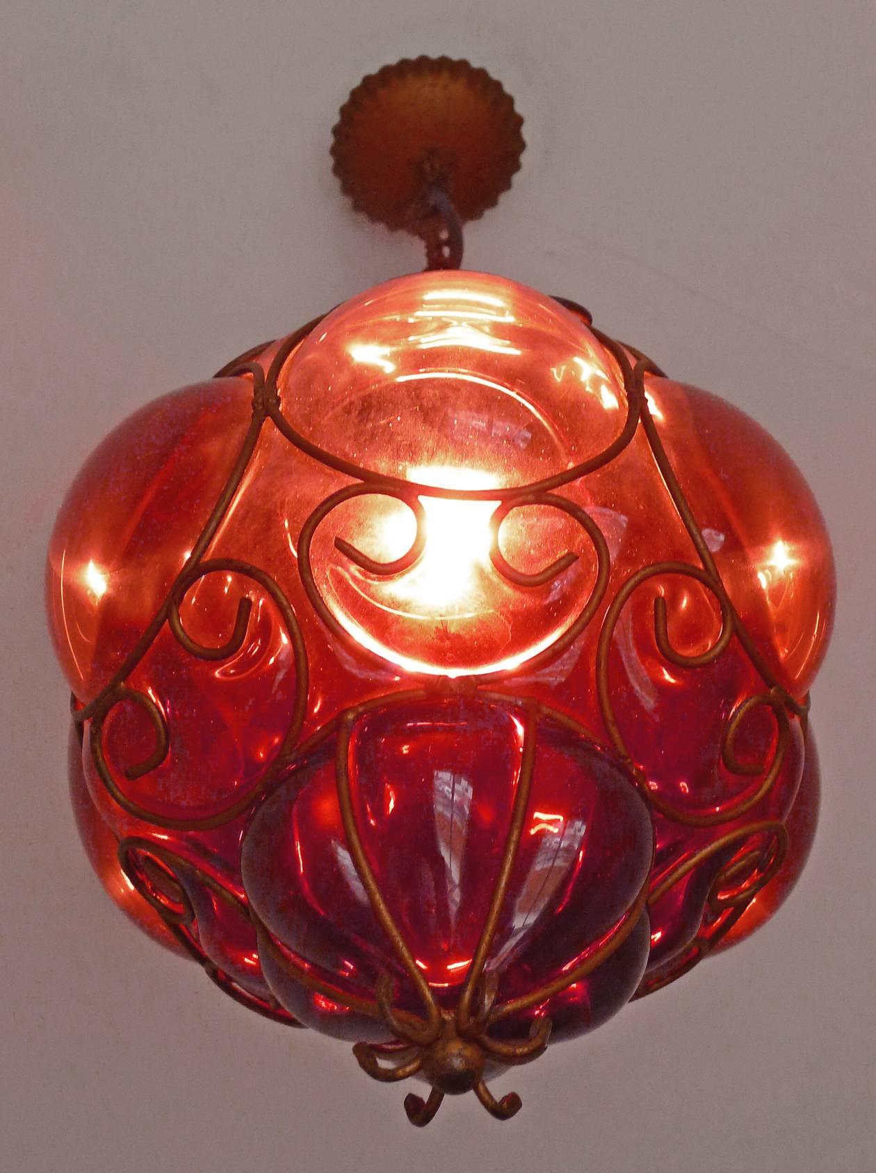 Vintage Purple Murano Handblown Caged Glass Iron Lantern or Ceiling Light 2