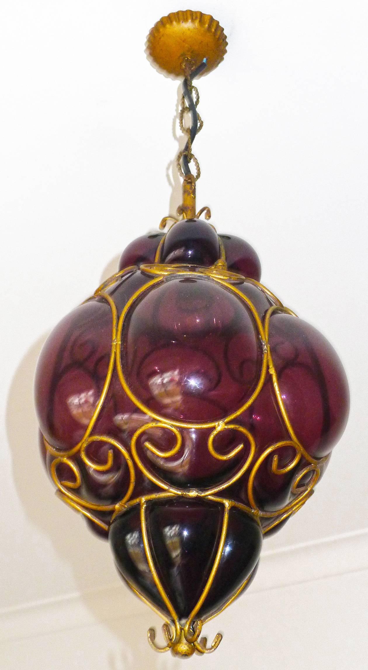 Mid-Century Modern Vintage Purple Murano Handblown Caged Glass Iron Lantern or Ceiling Light