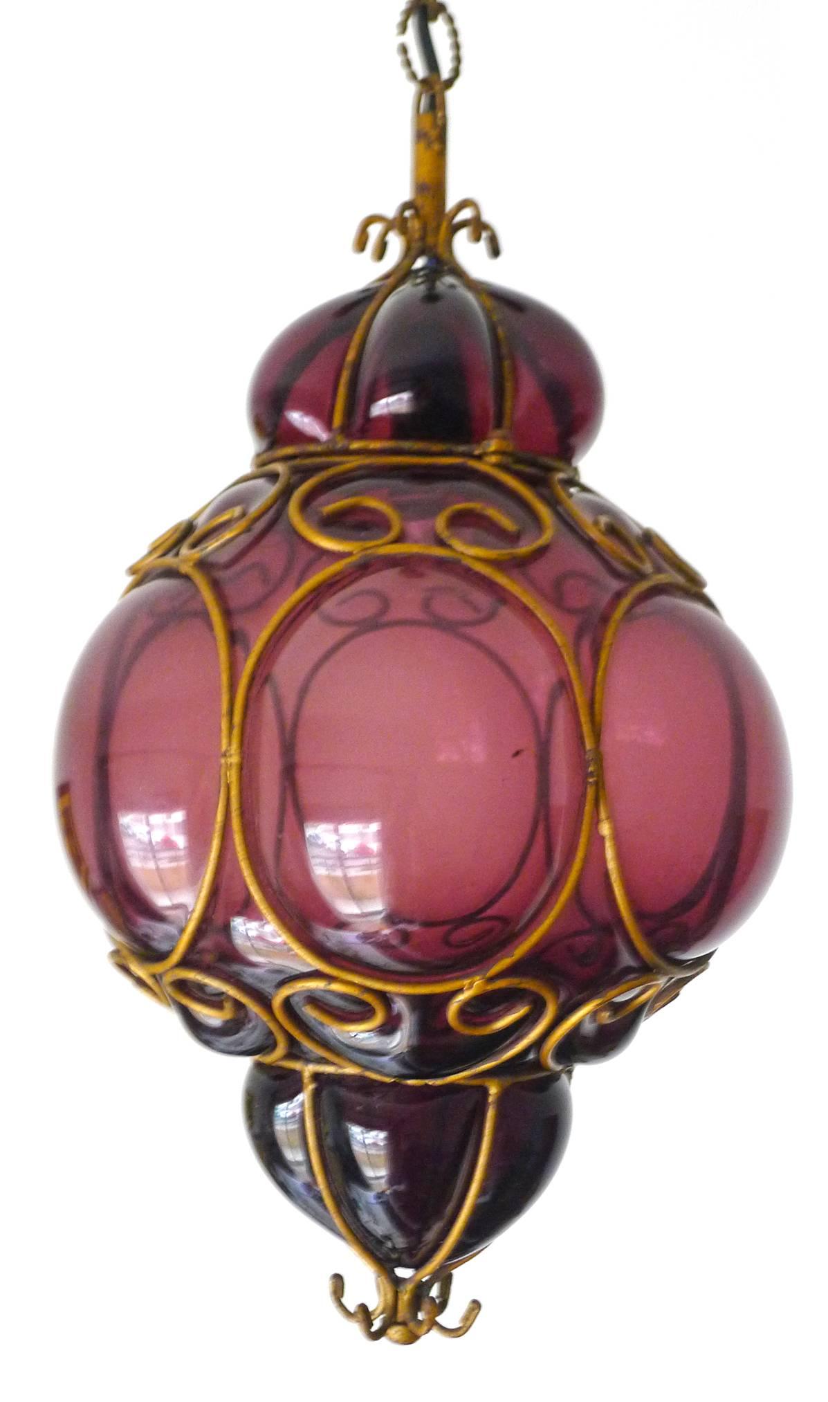 Italian Vintage Purple Murano Handblown Caged Glass Iron Lantern or Ceiling Light