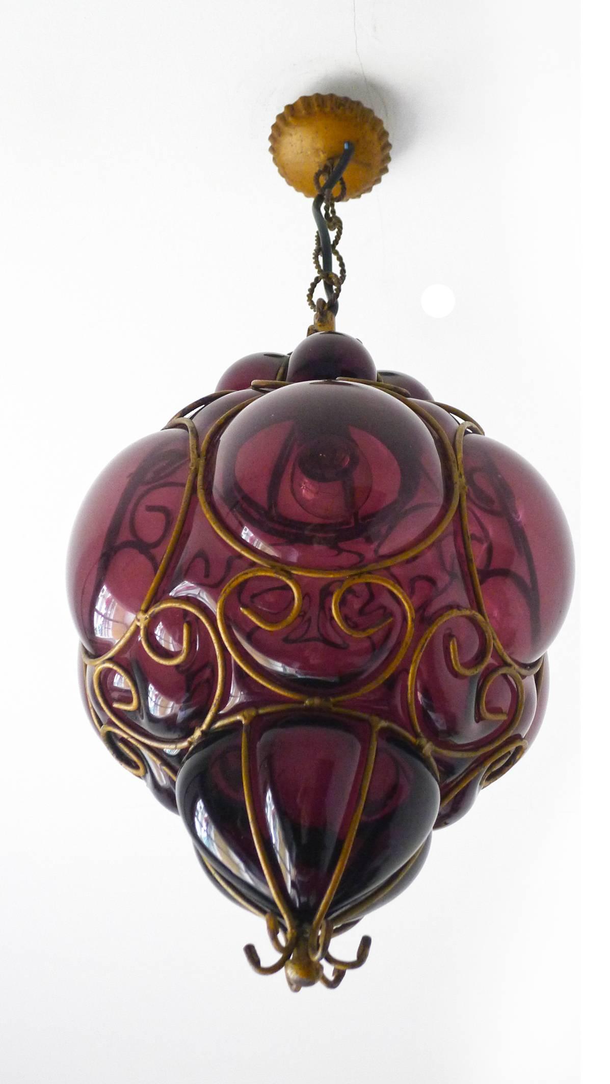 Forged Vintage Purple Murano Handblown Caged Glass Iron Lantern or Ceiling Light