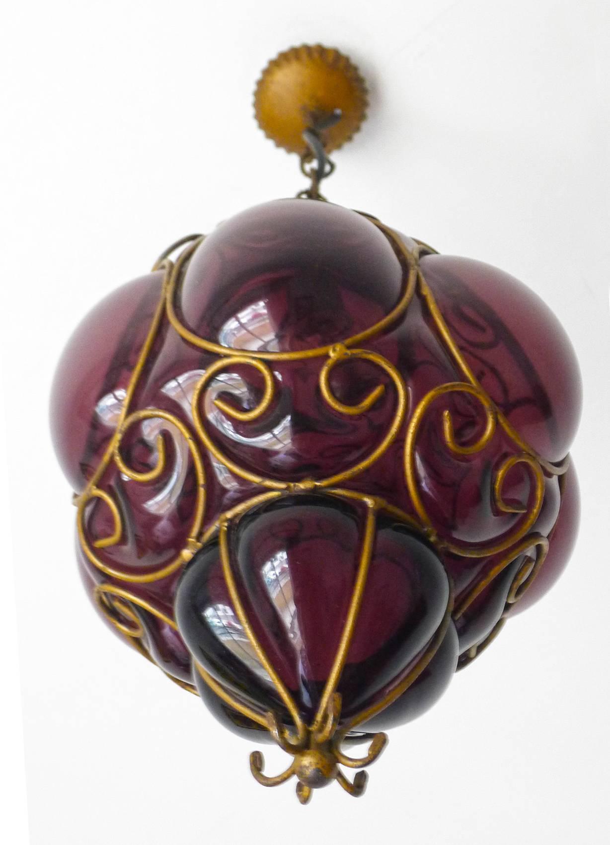 Vintage Purple Murano Handblown Caged Glass Iron Lantern or Ceiling Light In Good Condition In Coimbra, PT