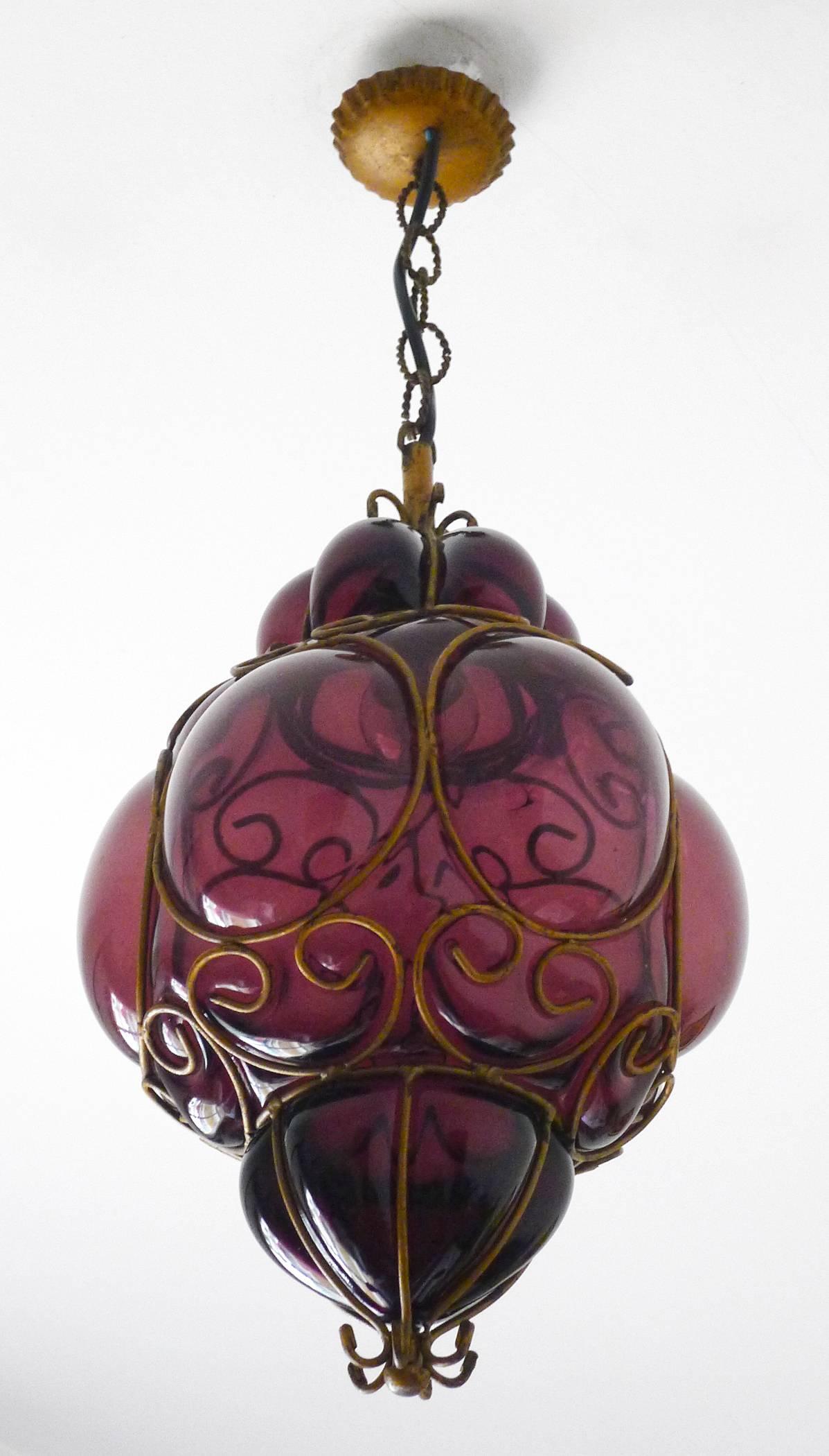 Mid-20th Century Vintage Purple Murano Handblown Caged Glass Iron Lantern or Ceiling Light