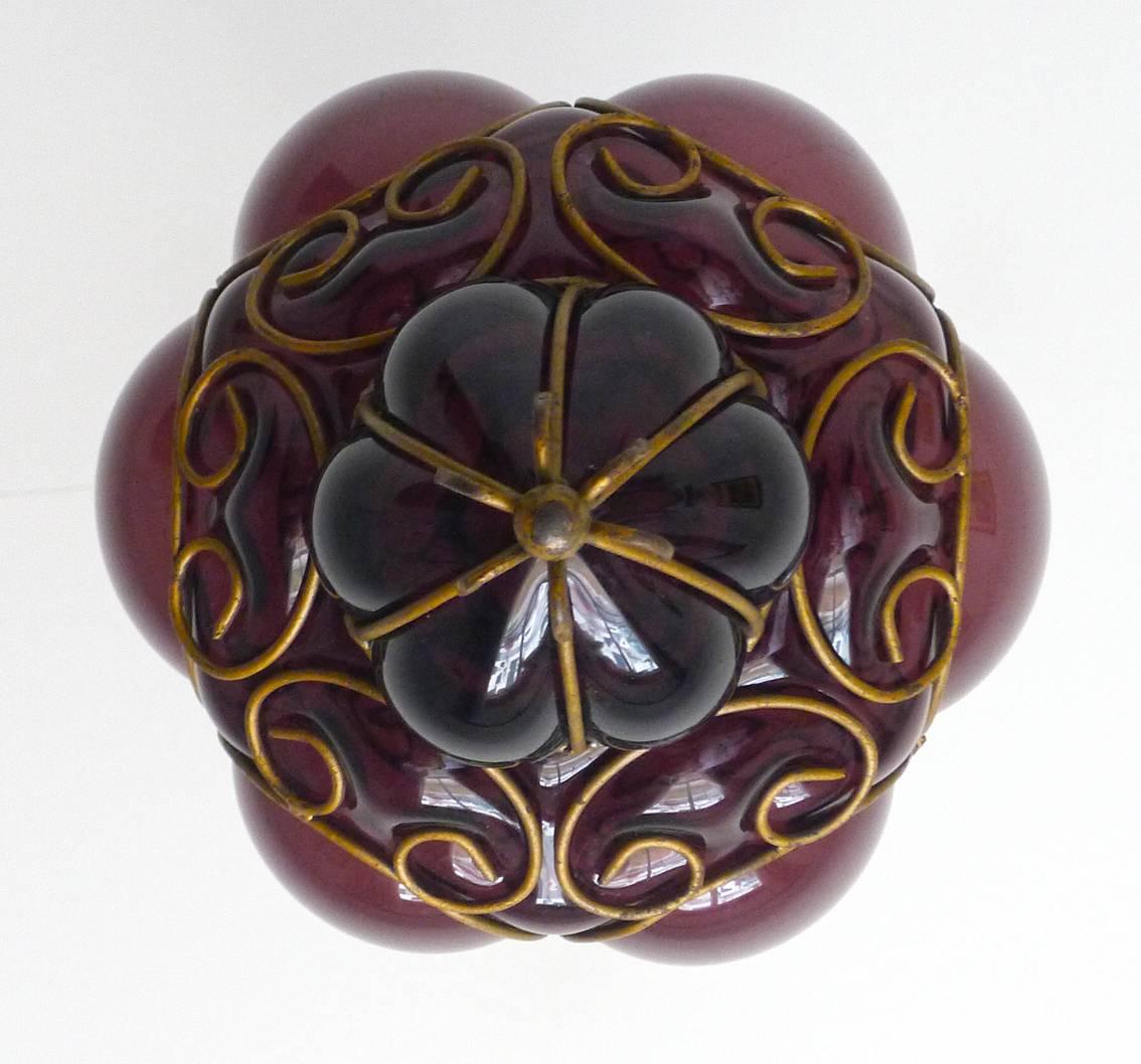 Murano Glass Vintage Purple Murano Handblown Caged Glass Iron Lantern or Ceiling Light