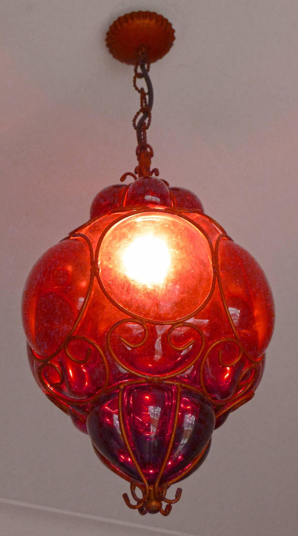 Vintage Purple Murano Handblown Caged Glass Iron Lantern or Ceiling Light 1