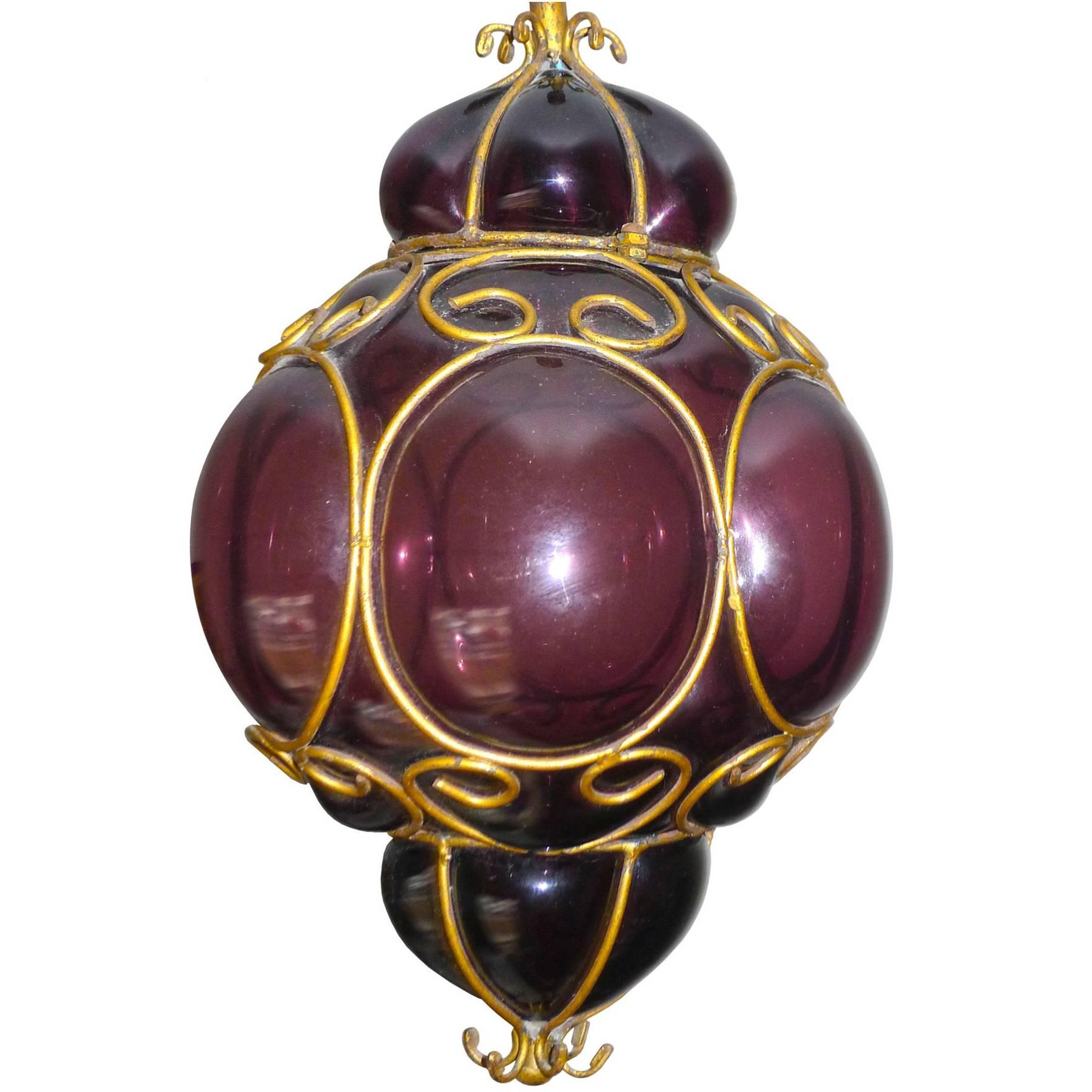 Vintage Purple Murano Handblown Caged Glass Iron Lantern or Ceiling Light