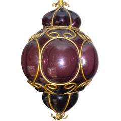 Vintage Purple Murano Handblown Caged Glass Iron Lantern or Ceiling Light