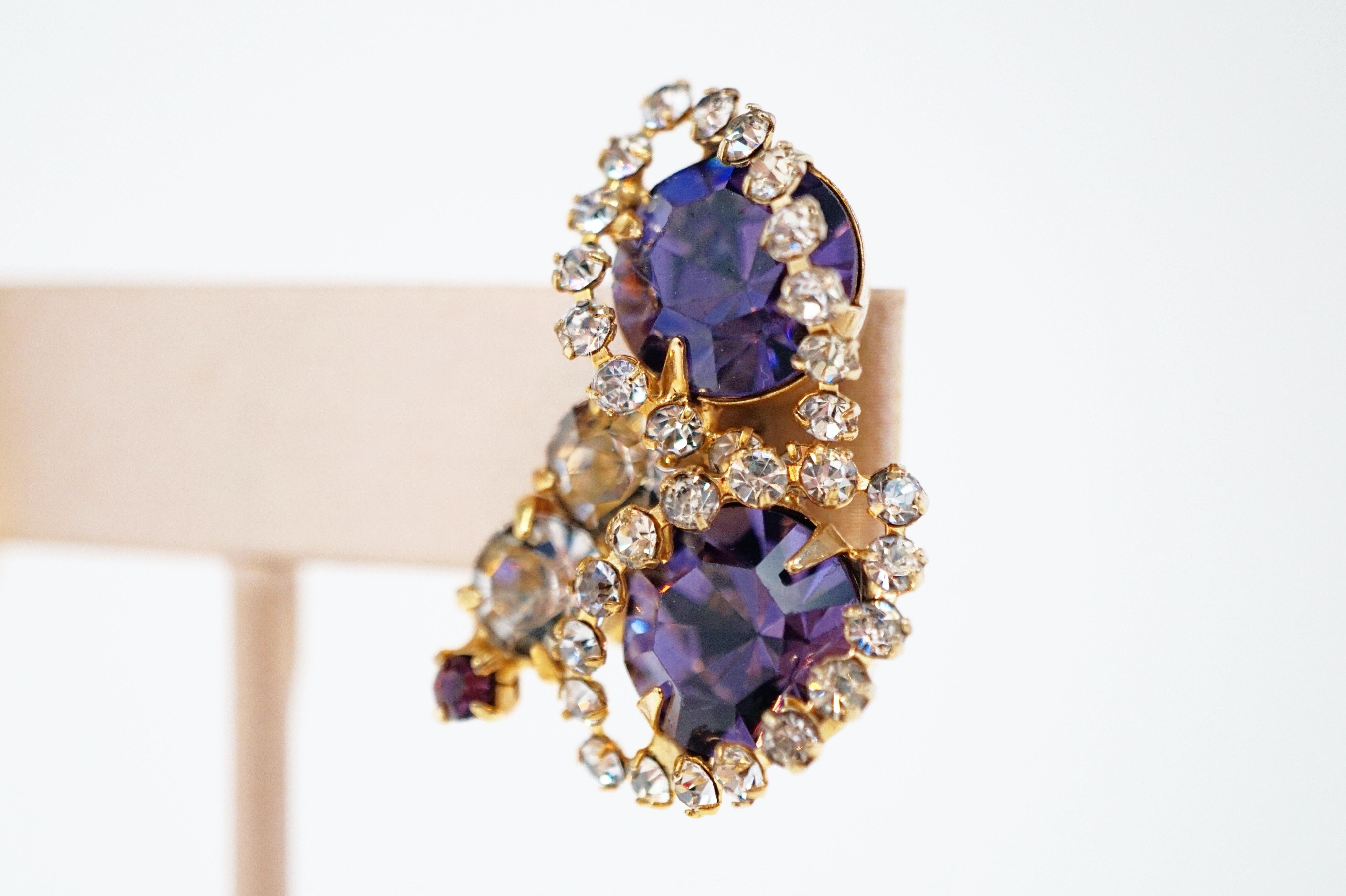 Vintage Purple Rhinestone Clip-On Earrings, circa 1960s 2