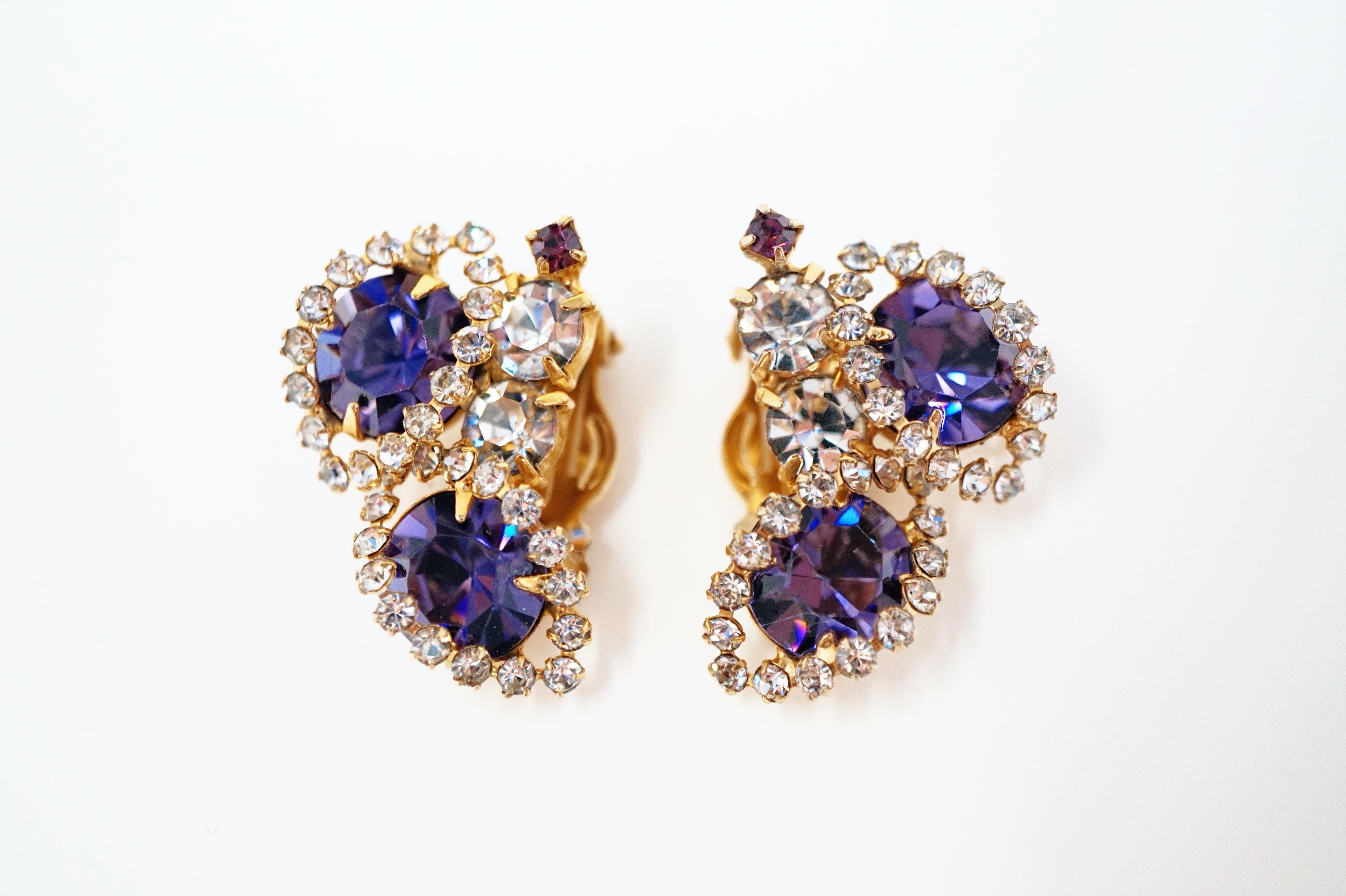 Vintage Purple Rhinestone Clip-On Earrings, circa 1960s 4