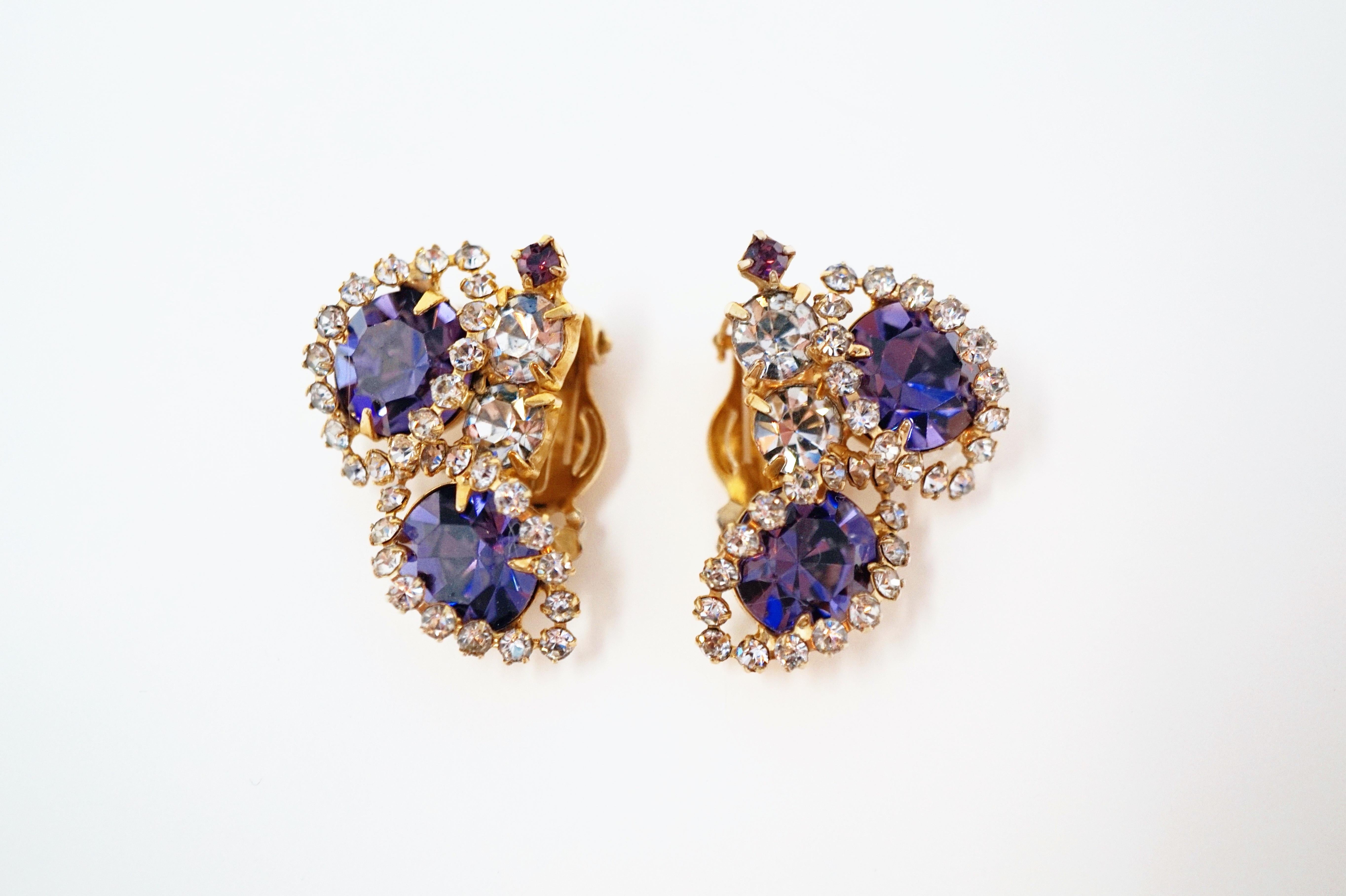 Vintage Purple Rhinestone Clip-On Earrings, circa 1960s 5