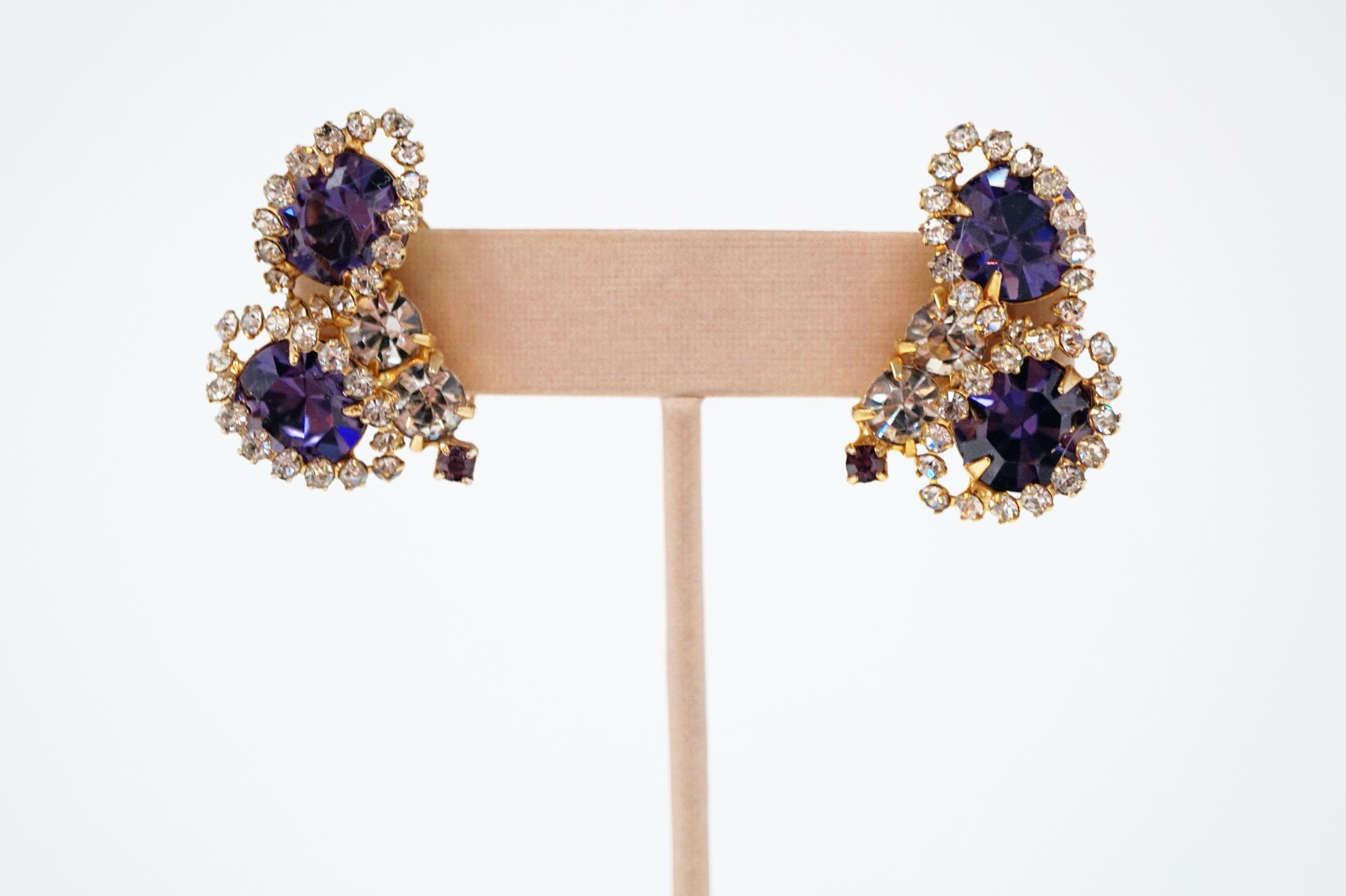 Modern Vintage Purple Rhinestone Clip-On Earrings, circa 1960s