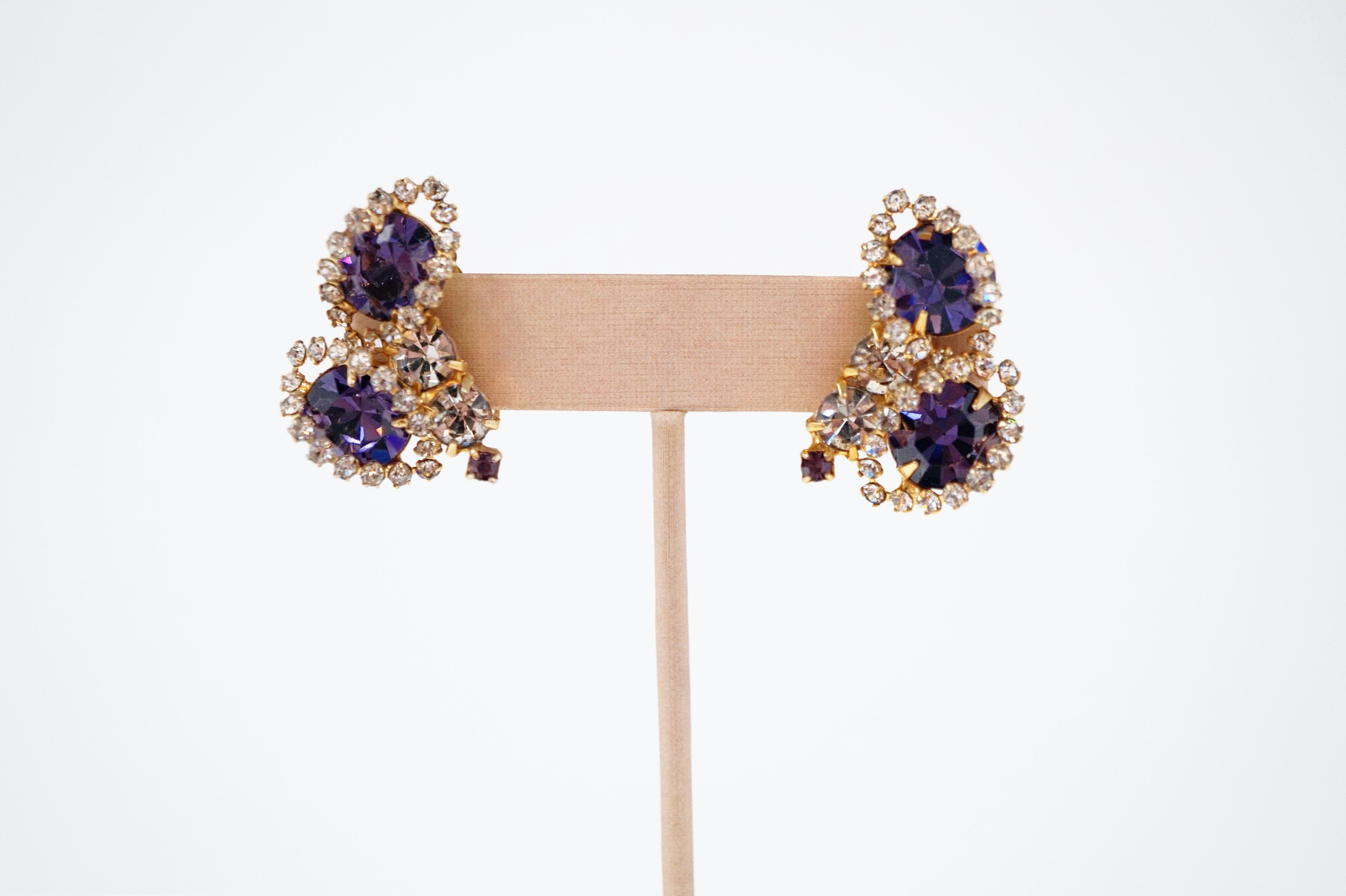 Vintage Purple Rhinestone Clip-On Earrings, circa 1960s In Excellent Condition In McKinney, TX