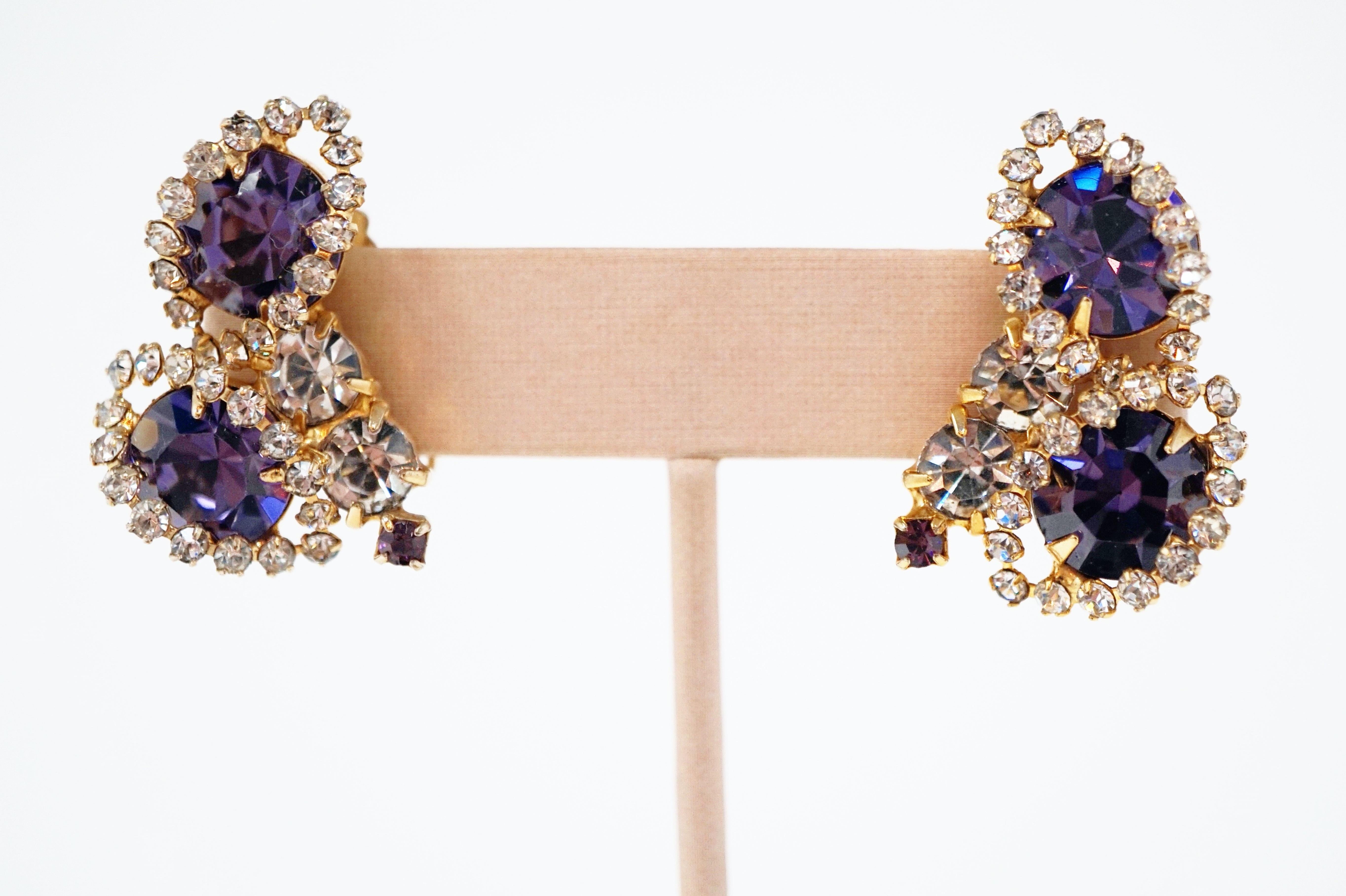 Women's Vintage Purple Rhinestone Clip-On Earrings, circa 1960s