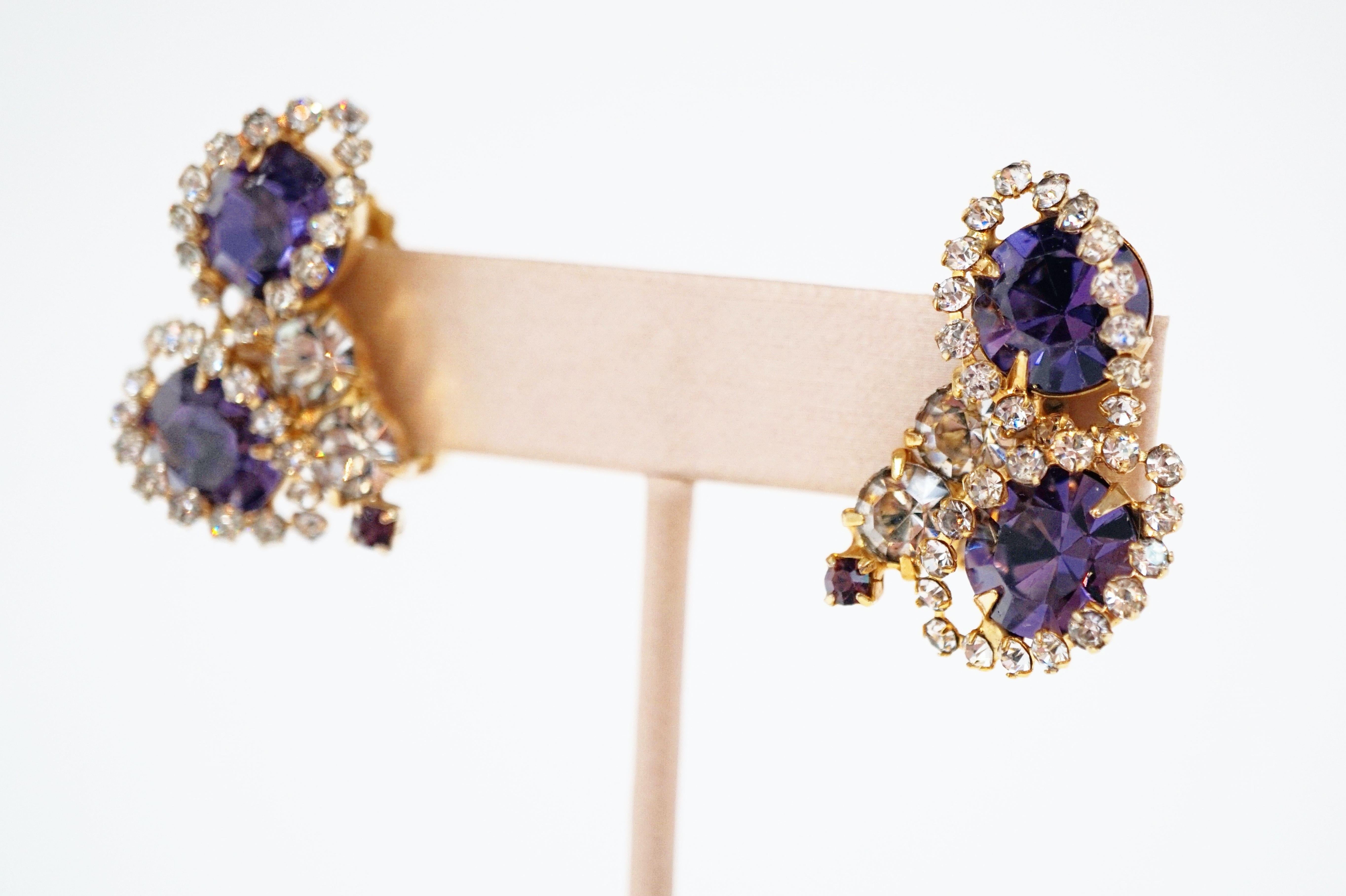Vintage Purple Rhinestone Clip-On Earrings, circa 1960s 1