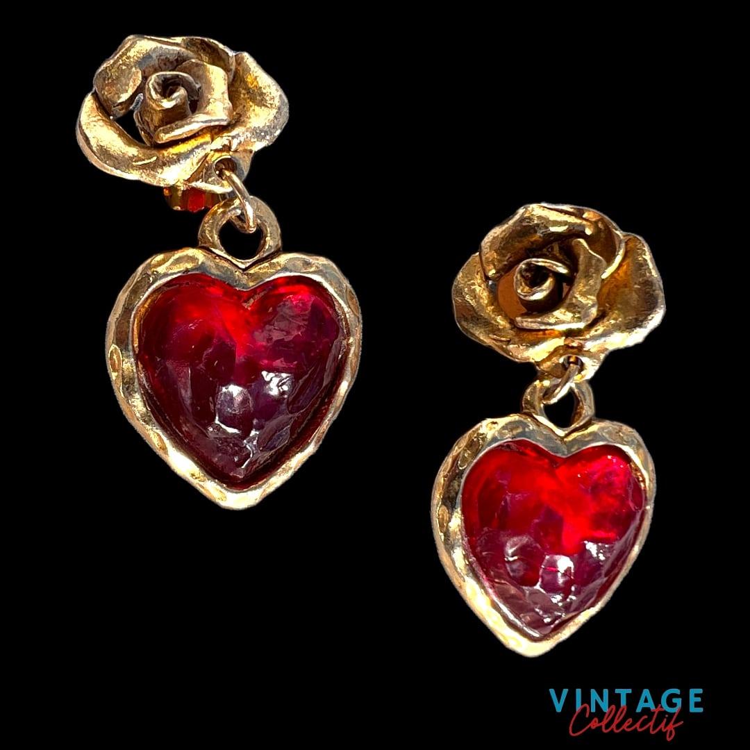Artist Vintage purple rose earrings gold tone , La Rose Poupre French brand   For Sale