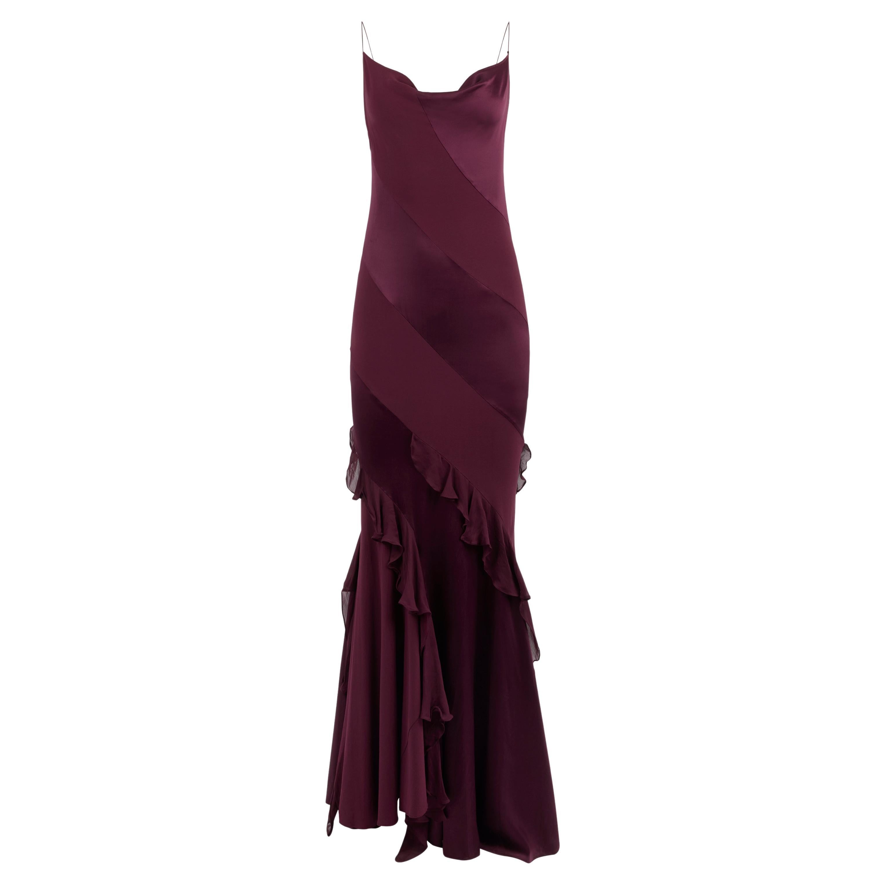 Maxi abito in seta viola vintage con scollo a cappuccio