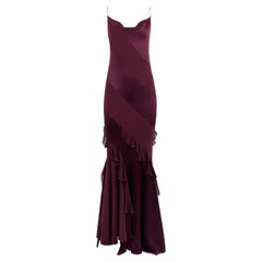 Maxi abito in seta viola vintage con scollo a cappuccio