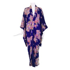 Vintage Purple Silk Crepe Maple Leaf Design Silk Lined Kimono