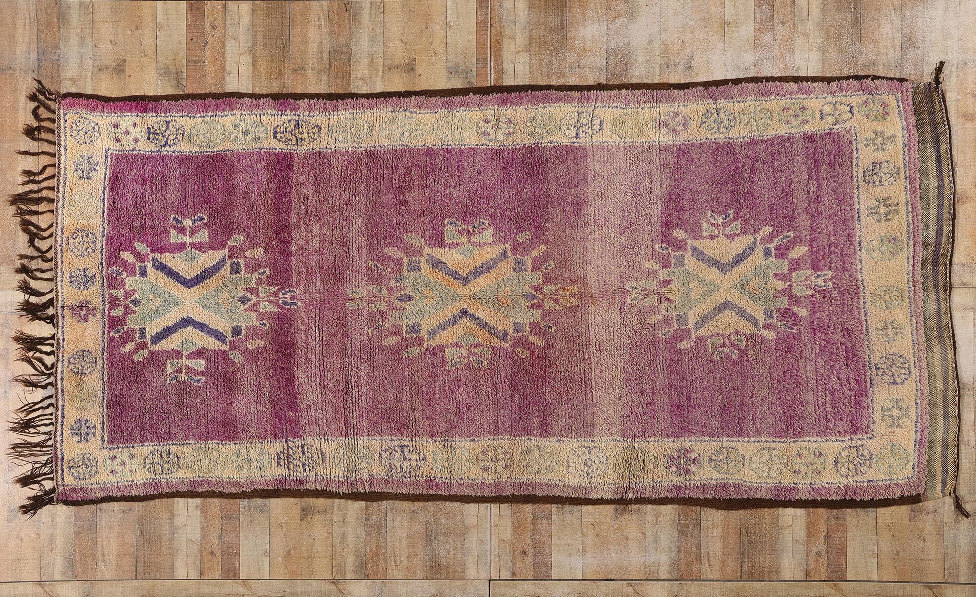 20931 Vintage Purple Talsint Moroccan Rug, 05'09 x 12'04. Experience the cozy allure of Boho Chic with this hand-knotted wool vintage Talsint Moroccan rug. Originating from the Talsint region in northeastern Morocco, this vintage Moroccan rug exudes
