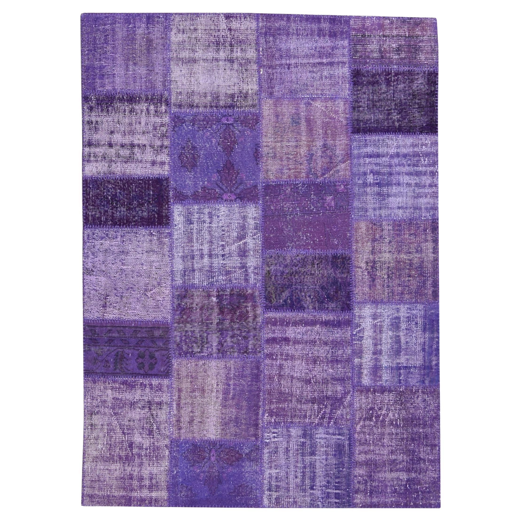 Vintage Purple Tones Patchwork Wool Rug 5'7''x7'9'' Circa 1960