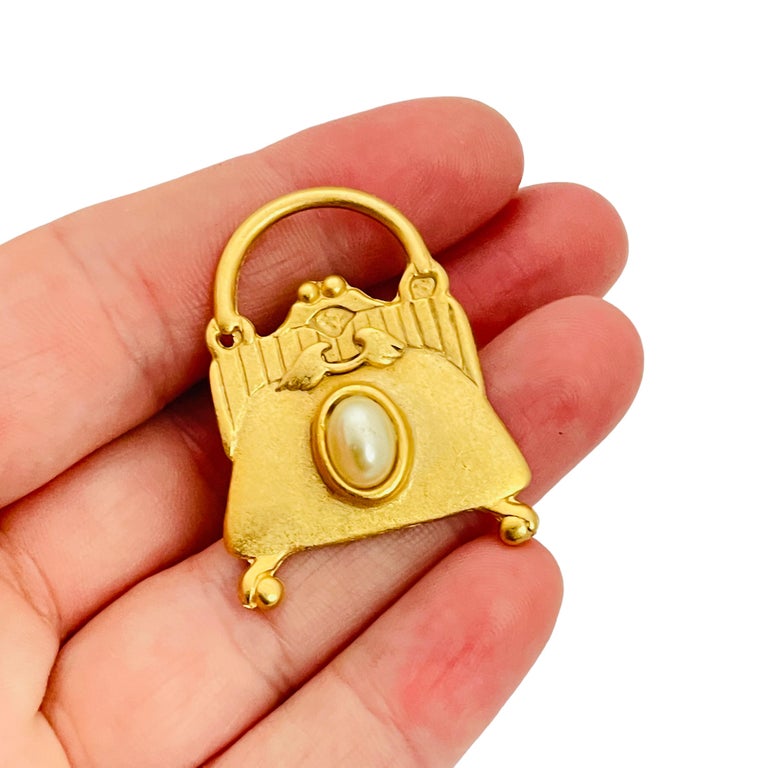Vintage purse gold pearl designer runway brooch stick pin For Sale at