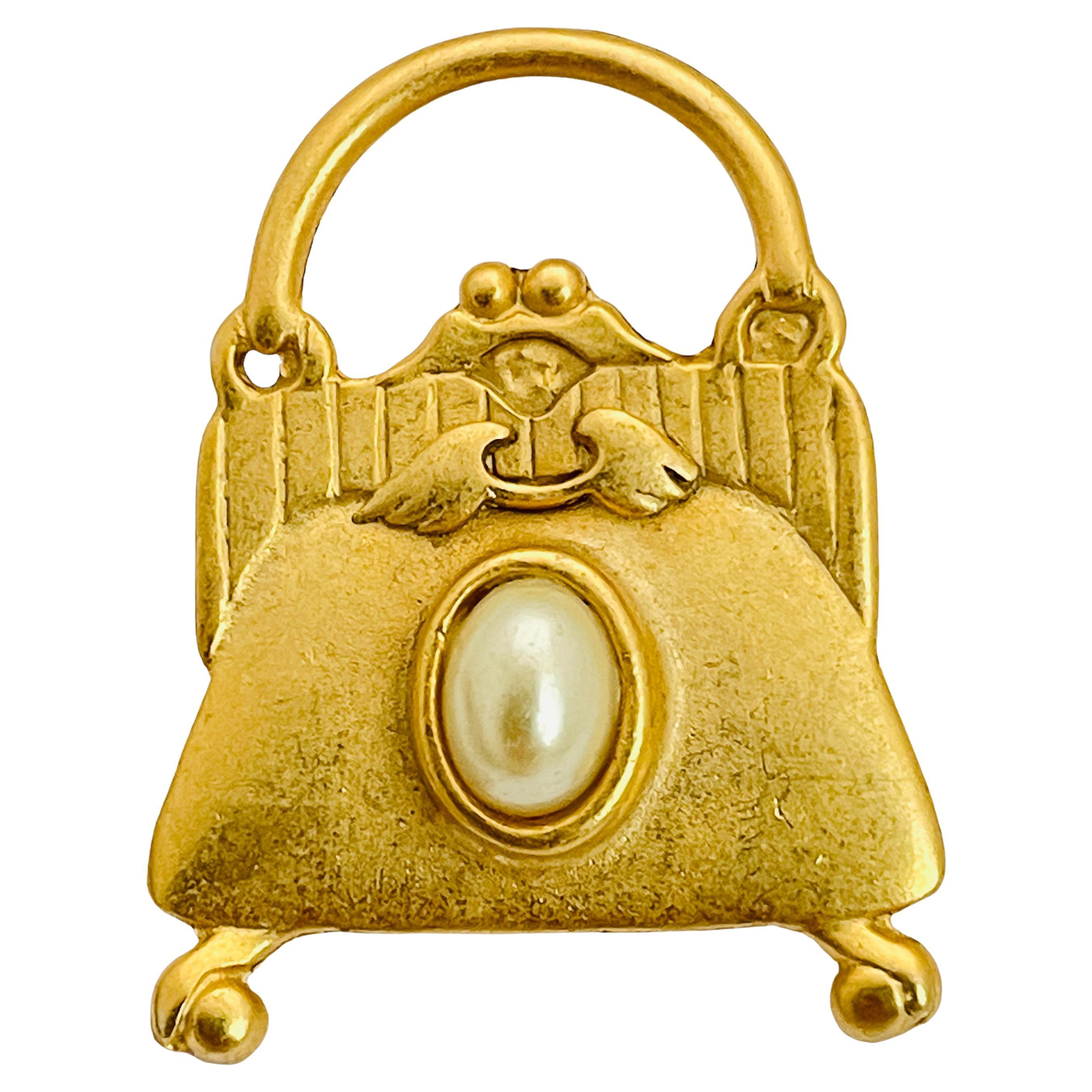 Vintage purse gold pearl designer runway brooch stick pin For Sale