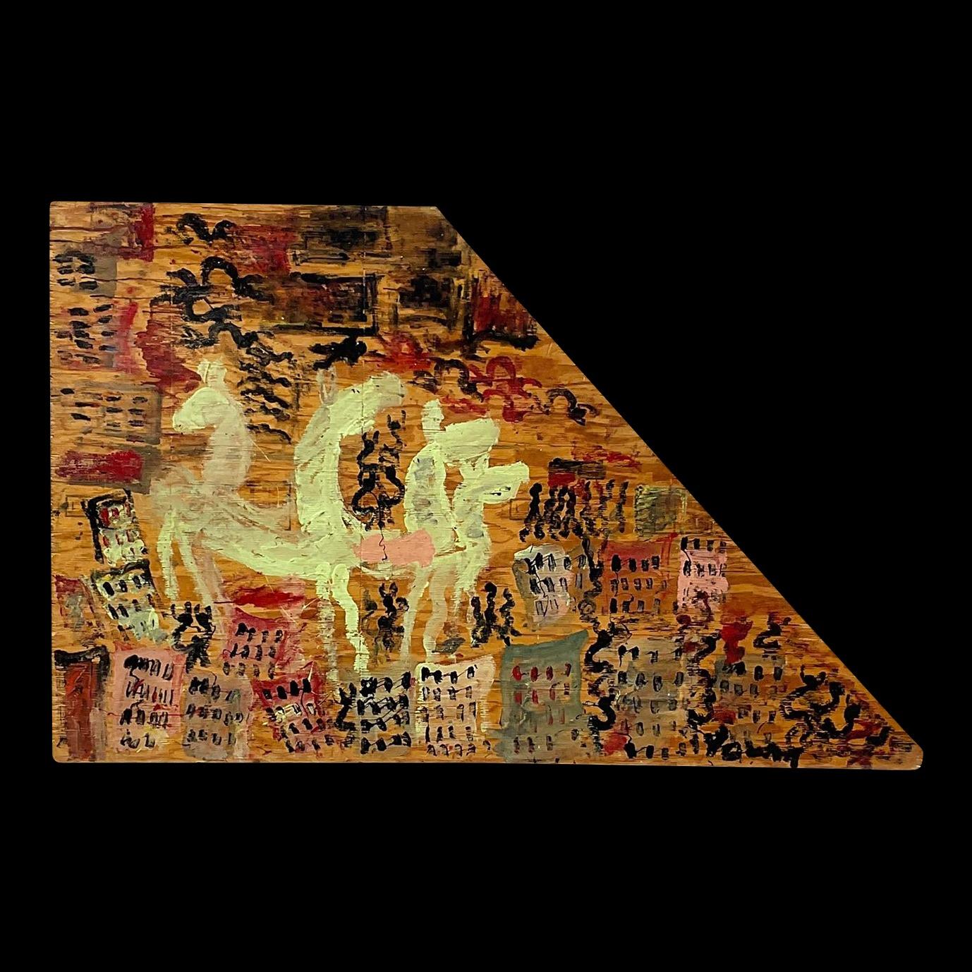 Dieses Vintage Purvis Young Gemälde ist eine einzigartige abstrakte auf Holz gemalt. Die gelben, kamelartigen Wesen, die von einer zartfarbigen Stadtlandschaft und scheinbar zufällig angeordneten abstrakten Formen umgeben sind, machen dieses Werk zu