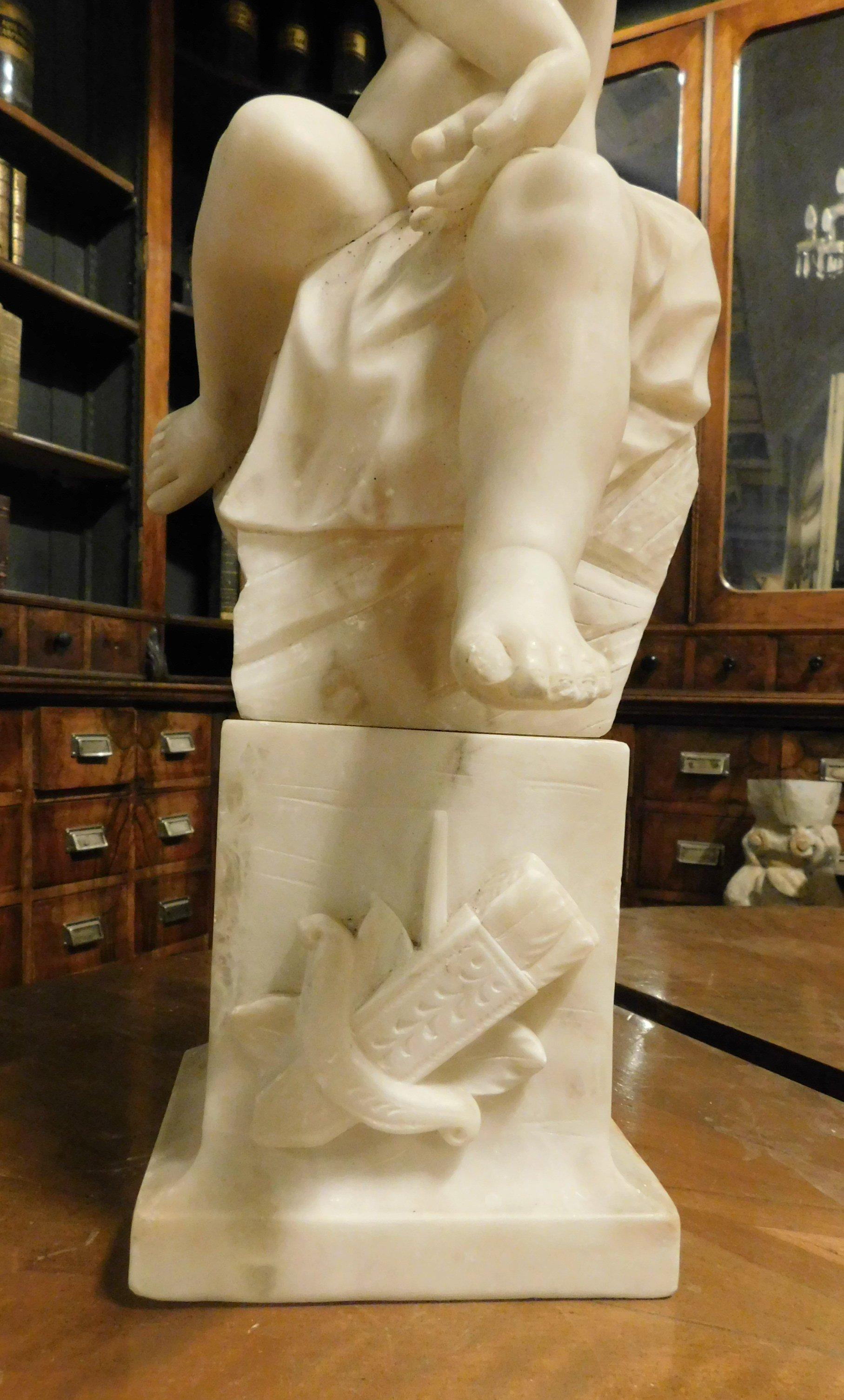 Hand-Carved Vintage Putto Child Sculpture in White Alabaster, 1900s, Italy