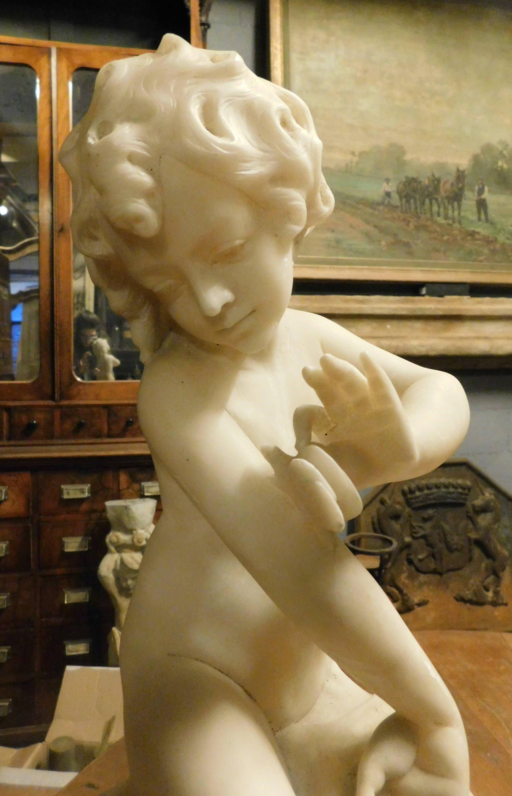 Vintage Putto Child Sculpture in White Alabaster, 1900s, Italy 2