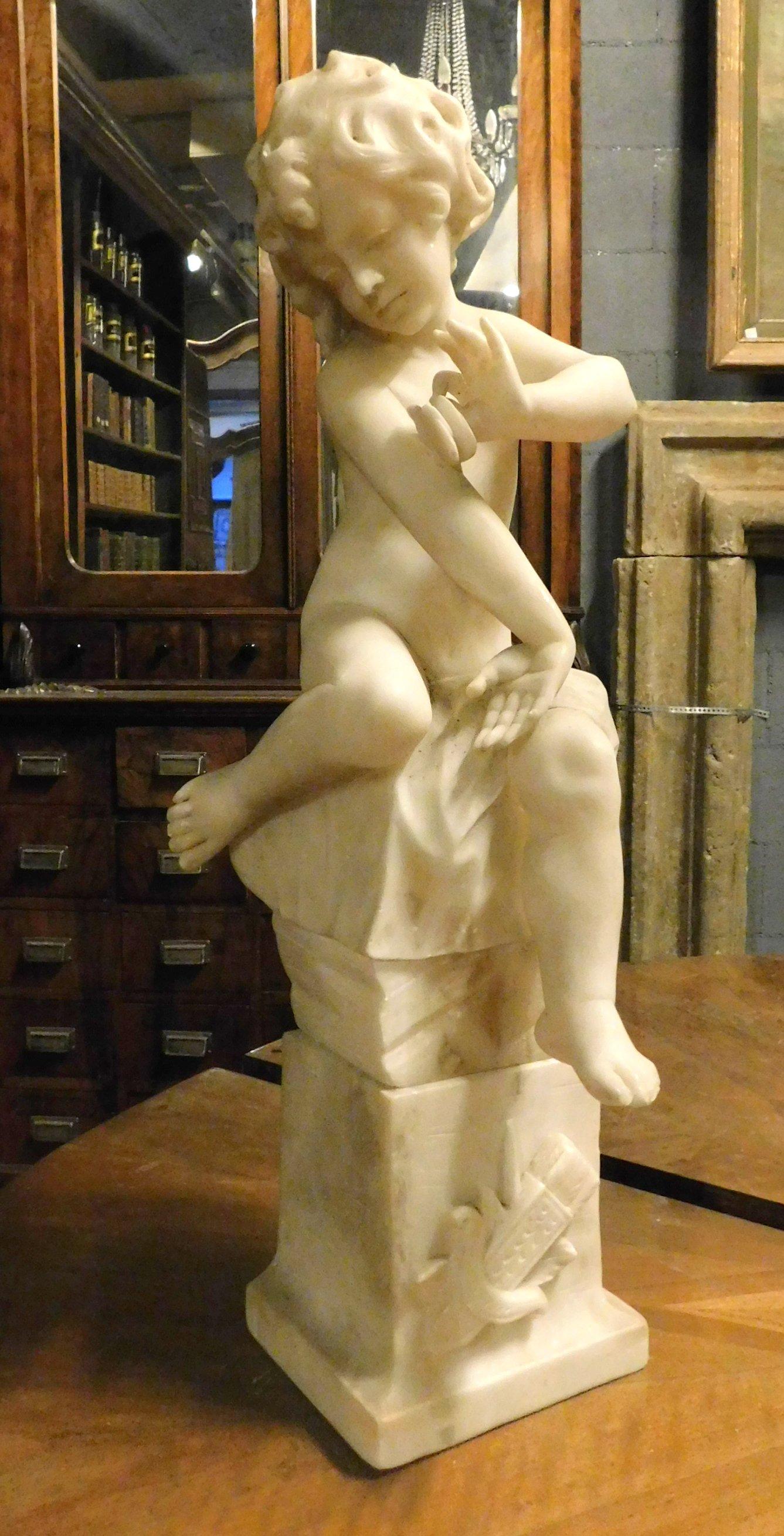 Vintage Putto Child Sculpture in White Alabaster, 1900s, Italy 3