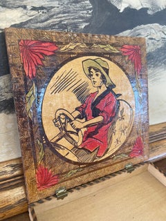 Vintage Pyrography Box Featuring Motif of Woman Driving a Car
