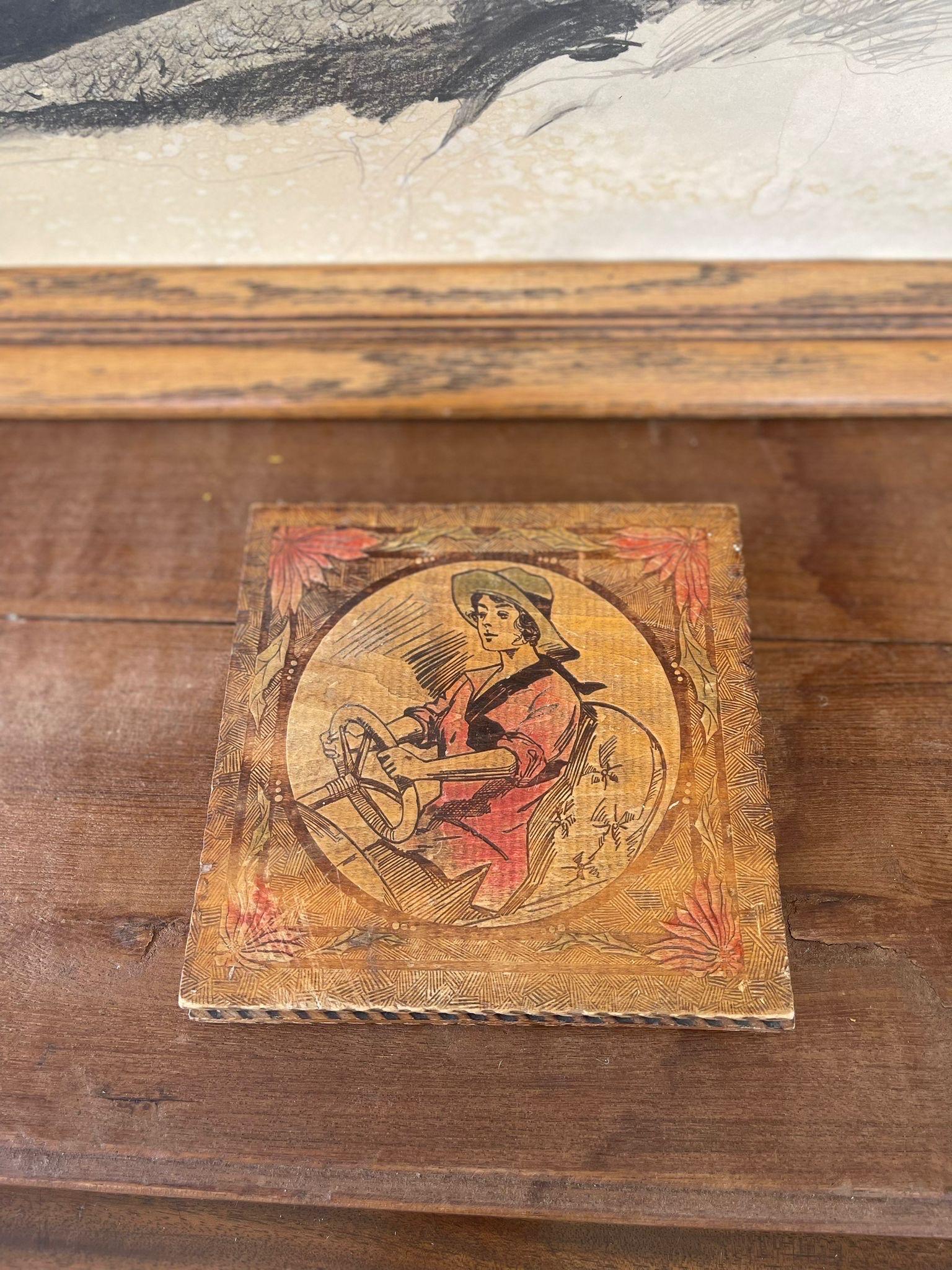 Late 20th Century Vintage Pyrography Box Featuring Motif of Woman Driving a Car For Sale