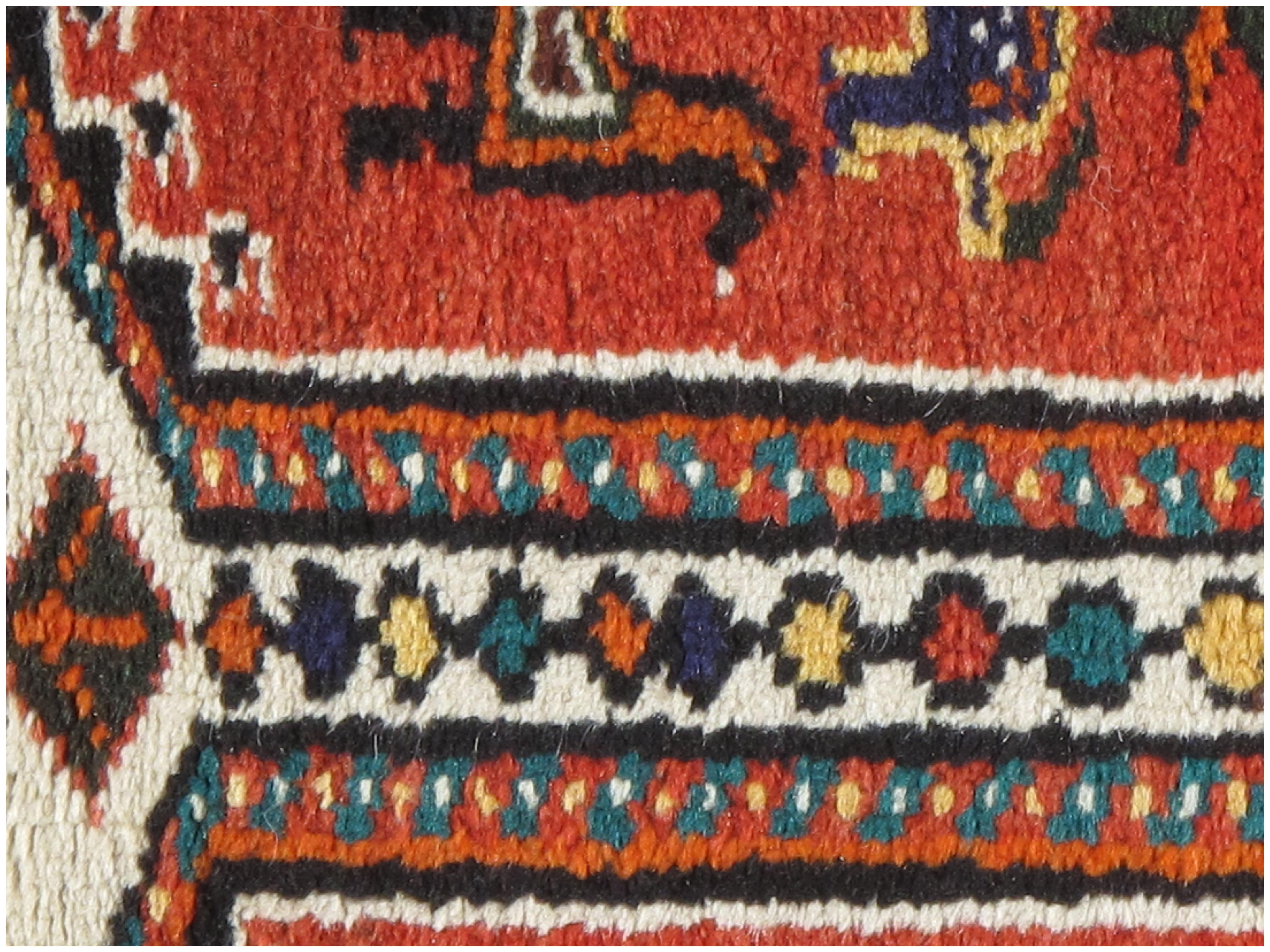 Vintage Qashgai Pictorial Runner 3'3 x 12'2. A lovely design with images of various animals hand woven into the pattern. Color: red/ivory/yellow/blue.