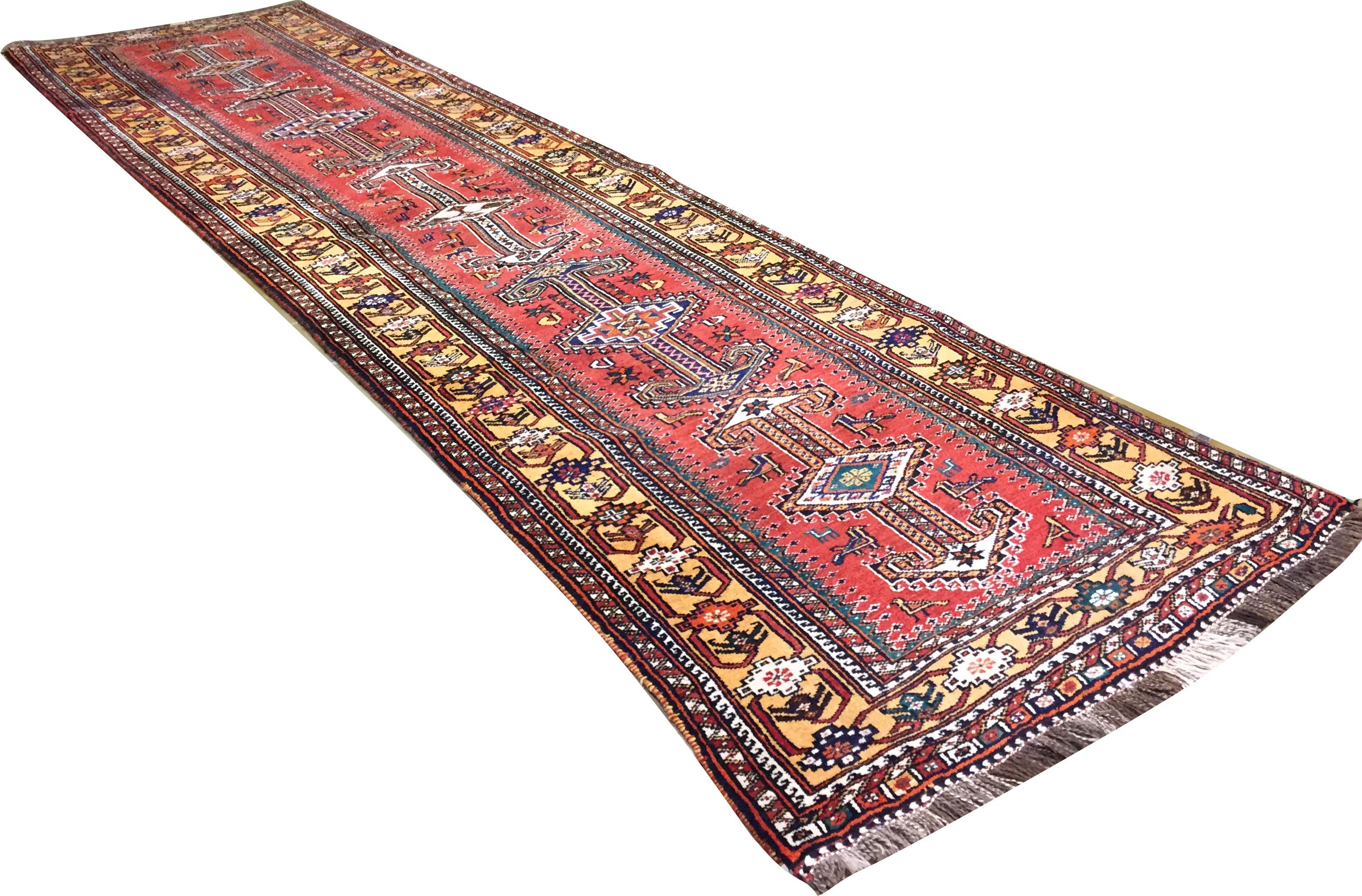Hand-Knotted Vintage Qashgai Pictorial Runner  3'3 x 12'2 For Sale