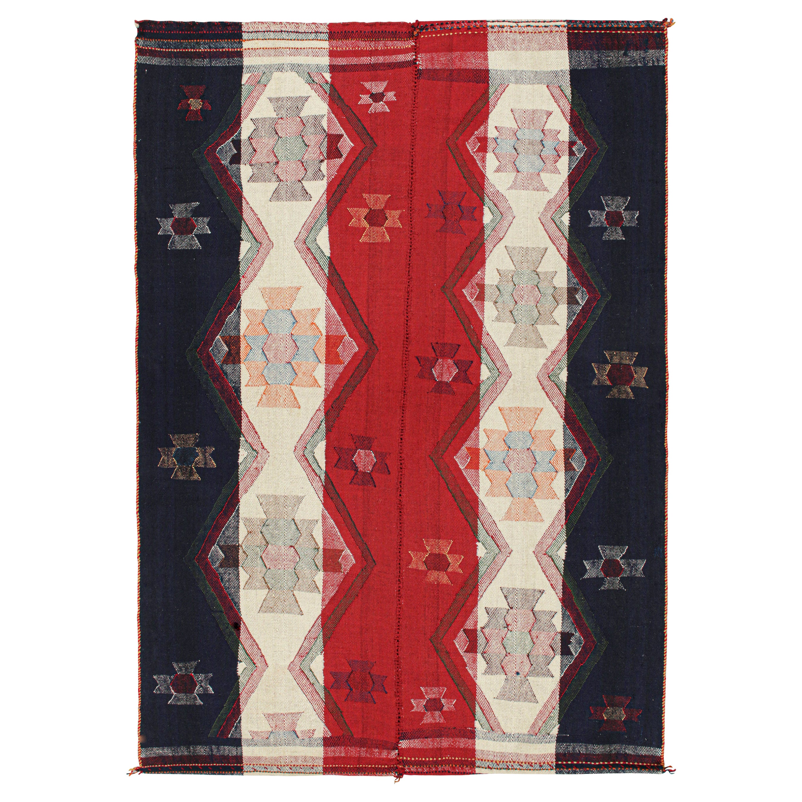 Kilim persiano vintage Qashqai Jajim in rosso, bianco e blu di Rug & Kilim in vendita