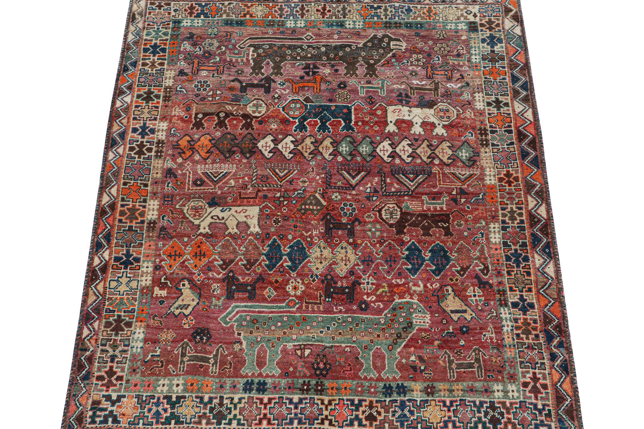 This vintage 5x6 Persian rug is a rare mid-century Gabbeh piece that originates from the Qashqai tribe. 

Hand-knotted in wool circa 1950-1960, its design plays medallion and all-over pattern style together in a bold tribal fashion.

The upper