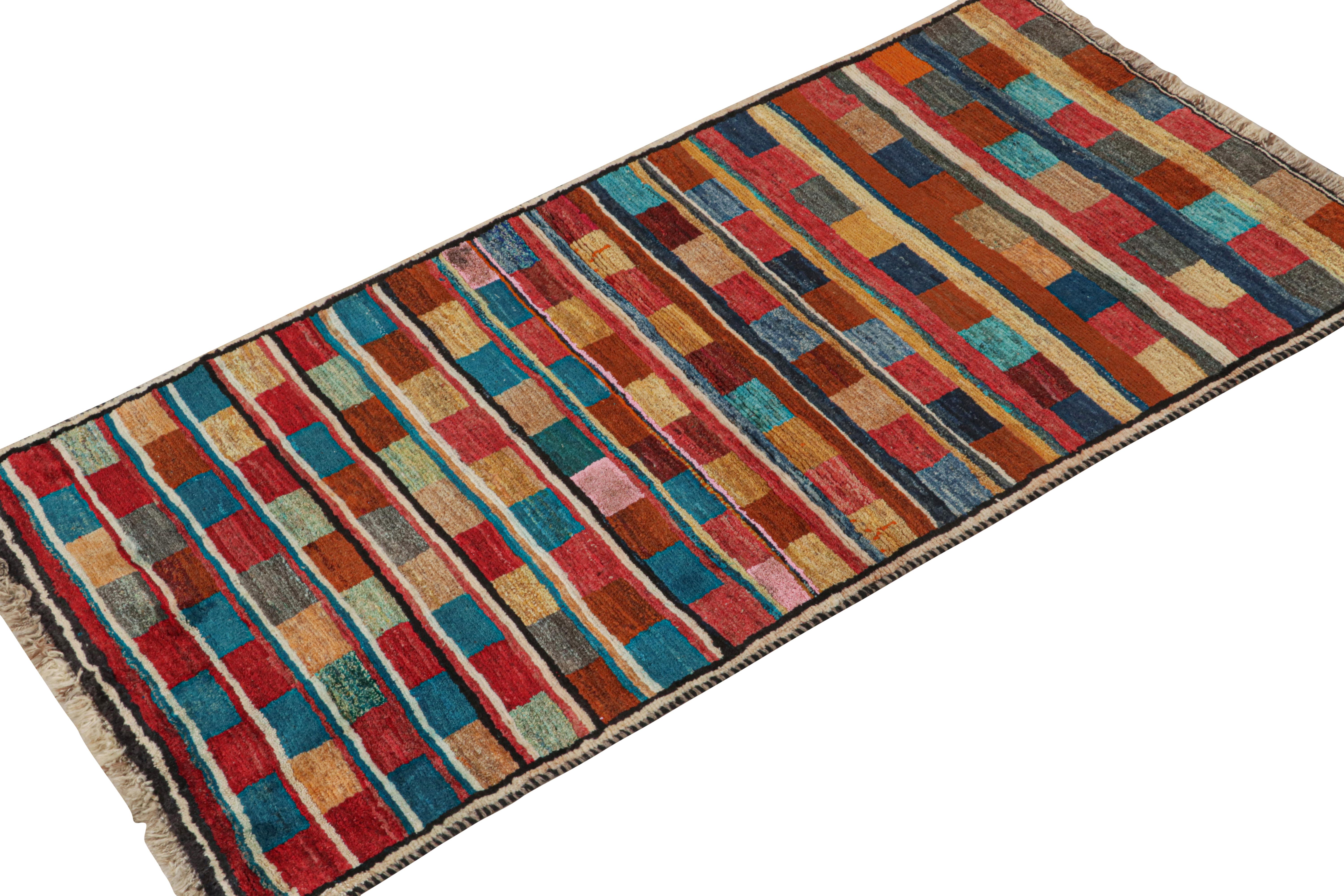 Tribal Vintage Qashqai Persian Gabbeh runner in Polychromatic Patterns by Rug & Kilim For Sale
