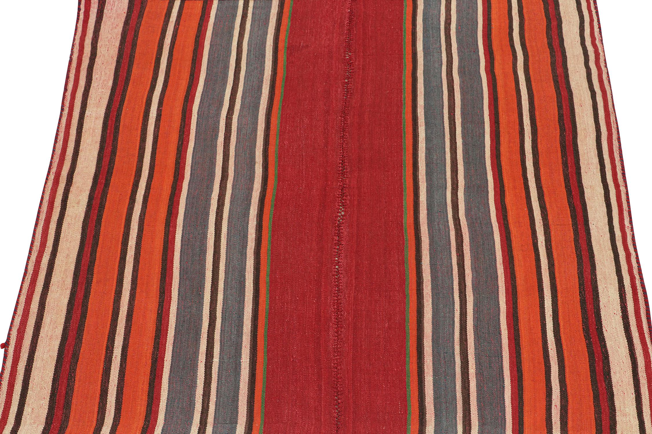 This vintage 5 x 6 Persian kilim is a Jajim flat weave of the Qashqai tribe—handwoven in wool circa 1950-1960.

Further on the design:

Connoisseurs may appreciate the Jajim technique, known to favor near-square sizes and stripes. Its technique