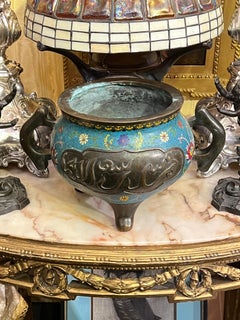 Vintage Qianlong Cloisonne Enameled Bronze Footed Bowl Form Ding Censer / Koro