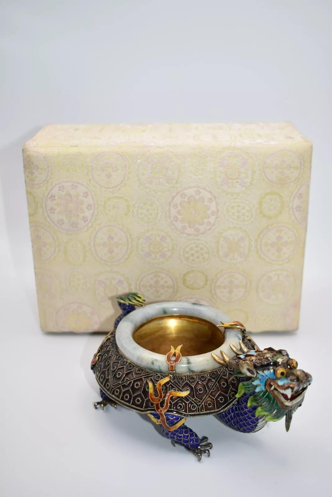 19th Century Vintage Qing Chinese Silver Enamelled Highly Detailed Dragon Ashtray. Jade Rim For Sale
