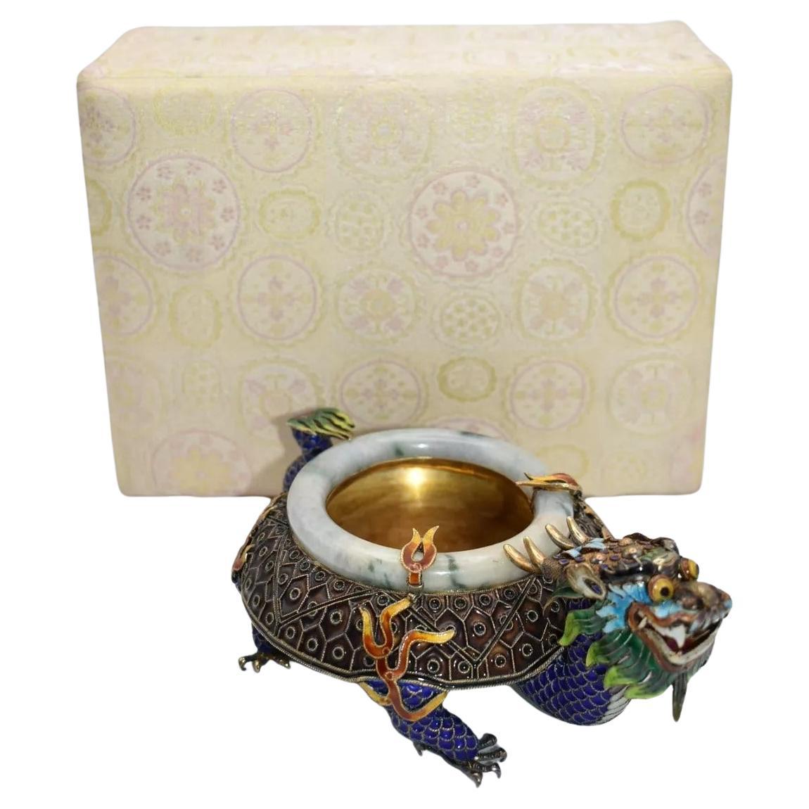 Vintage Qing Chinese Silver Enamelled Highly Detailed Dragon Ashtray. Jade Rim For Sale