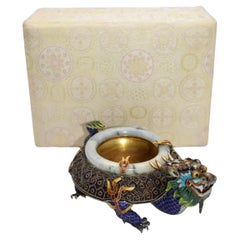Vintage Qing Chinese Silver Enamelled Highly Detailed Dragon Ashtray. Jade Rim