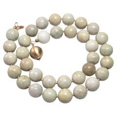 Vintage Qing Dynasty Jade Bead Necklace with 14K Gold Clasp, 18"