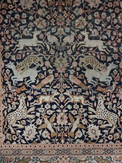 Vintage Qom Rug depicting a hunting scene, silk on cotton, hand-woven in 1930s